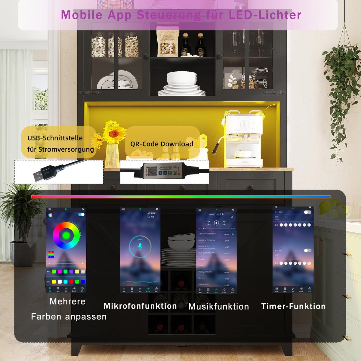 BUFFETSCHRANK Schwarz 105x180cm mit LED-Beleuchtung, Glastüren & Weinregal - Schwarz, Holzwerkstoff (105/180/38.4cm) - Urban Meuble