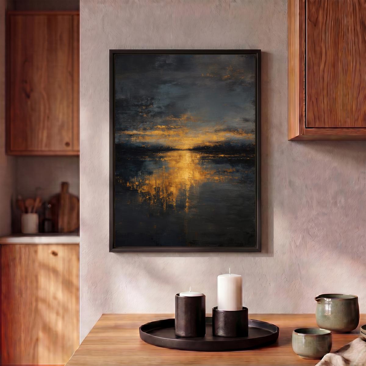 LEINWAND Bilder mit Rahmen - Goldene Reflexion auf dem Wasser - 30x40 - Anthrazit, Textil (30/40cm) - MuchoWow