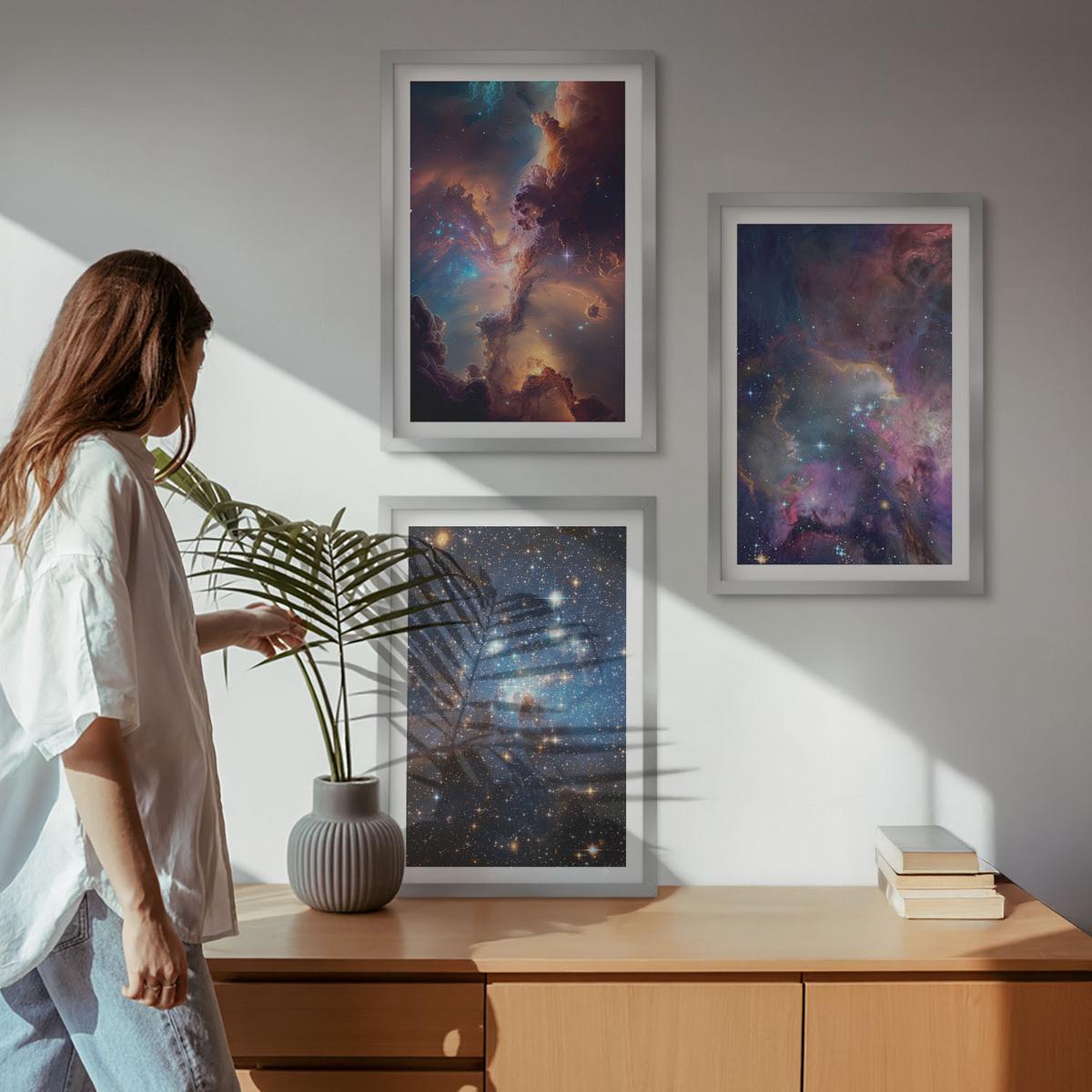 BILDER SET 3er Set - 40x60 cm Silberner Rahmen - Kosmische Sternenlandschaften - Silberfarben, Kunststoff (40/60cm) - TULUP