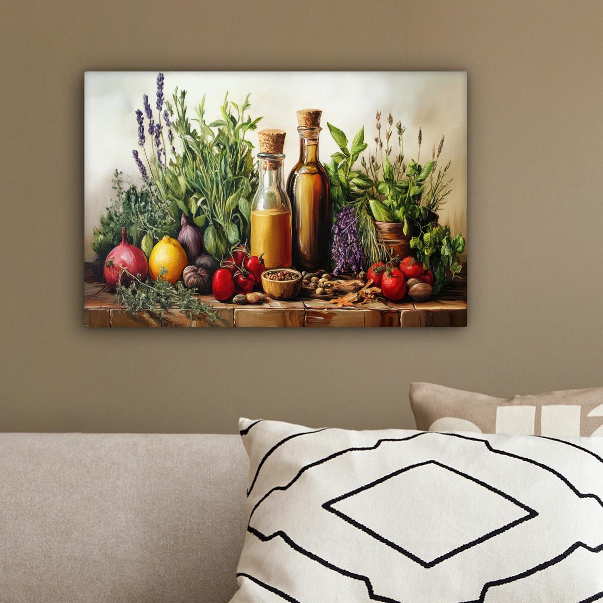 LEINWANDBILD Stilleben - Kräuter - Gewürze - Früchte - Farbenfroh Deko Schlafzimmer 30x20 cm - Grün, Textil (30/20cm) - MuchoWow