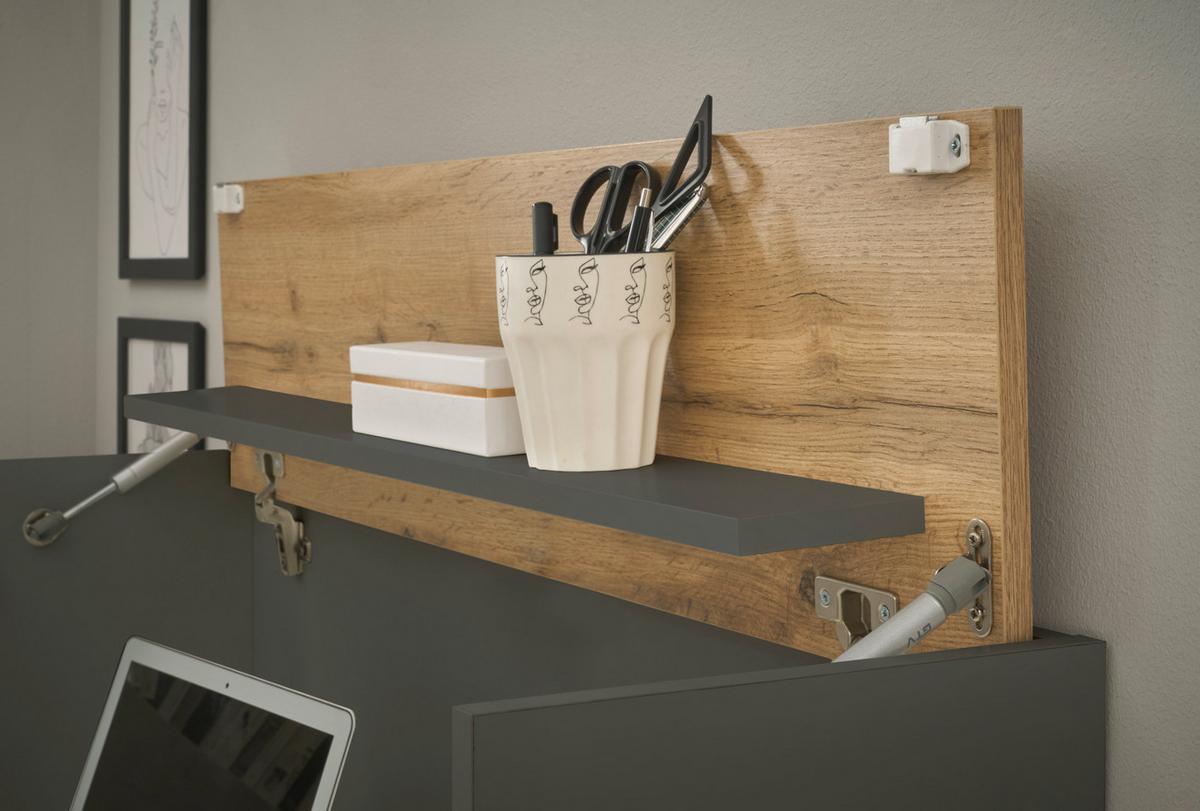 WOHNWAND grau matt, Eiche Wotan 270 cm, Wohnkombination hängend mit Sekretär - Eiche Wotan/Grau, Holzwerkstoff/Metall (270/170/30cm) - Furn.Design