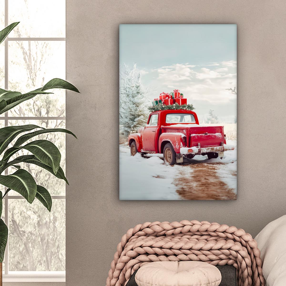 LEINWANDBILD Auto - Rot - Geschenke - Winter - Schnee - Weihnachten Wanddeko 40x60 cm - Rot, Textil (40/60cm) - MuchoWow