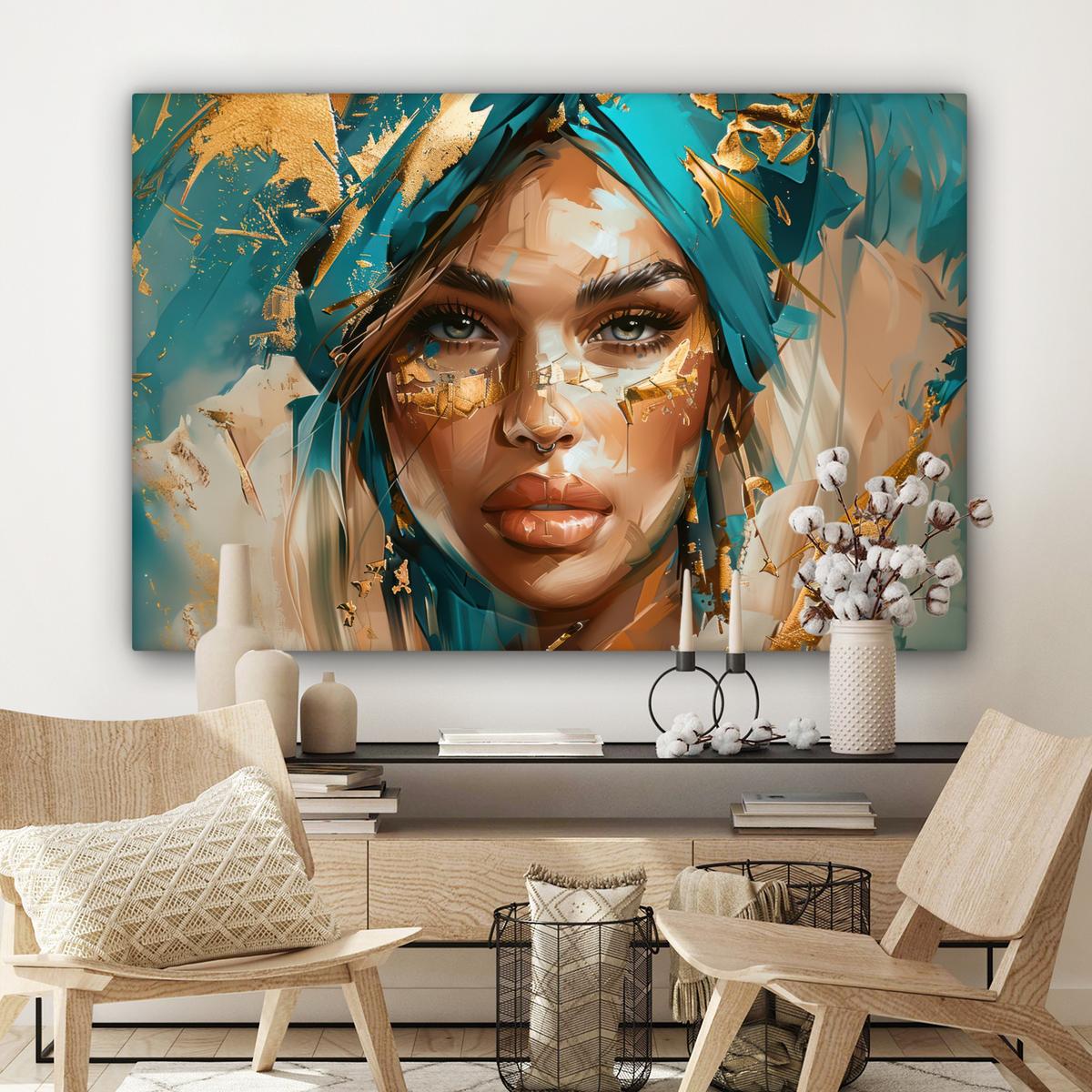 LEINWANDBILD Frau - Porträt - Gold - Luxus - Blau Groß 140x90 cm - Türkis, Textil (140/90cm) - MuchoWow