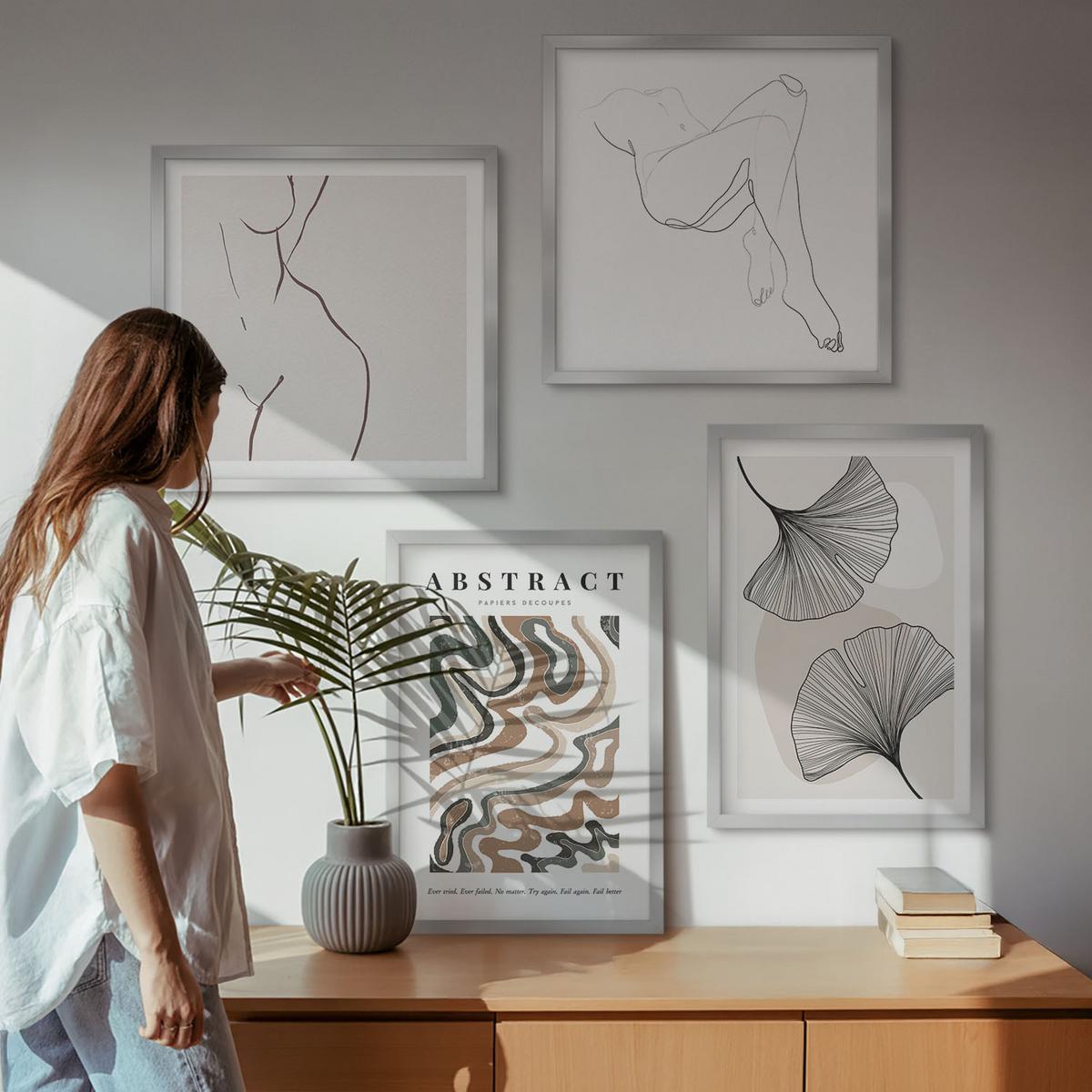BILDER SET 4er Set - 50x50 cm & 40x60 cm Silberner Rahmen - Abstrakte Boho-Blattformen - Silberfarben, Kunststoff (50/50cm) - TULUP