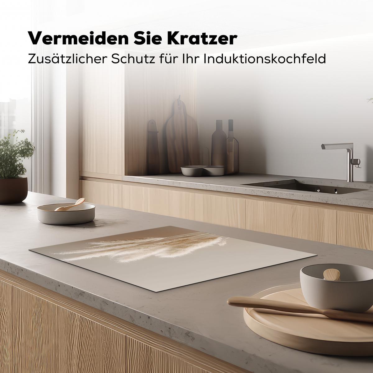 HERDABDECKPLATTE Pampasgras - Federn - Pastell - Weiß Herdabdeckung Induktionsfeld 65x52 cm - Creme, Kunststoff (65/52/0.2cm) - MuchoWow