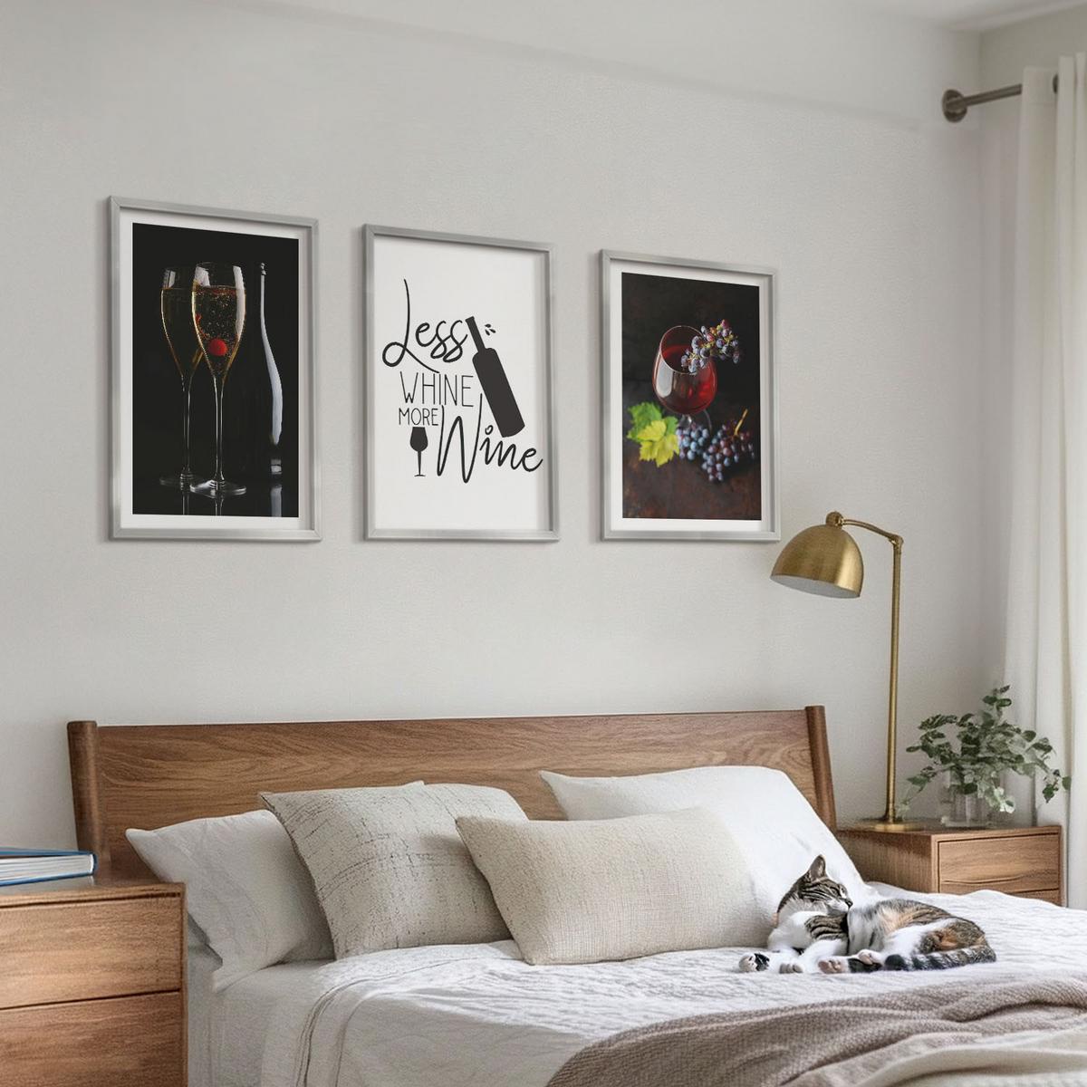 BILDER SET 3er Set - 40x60 cm Silberner Rahmen - Weingläser mit Trauben und Inschrift - Silberfarben, Kunststoff (40/60cm) - TULUP