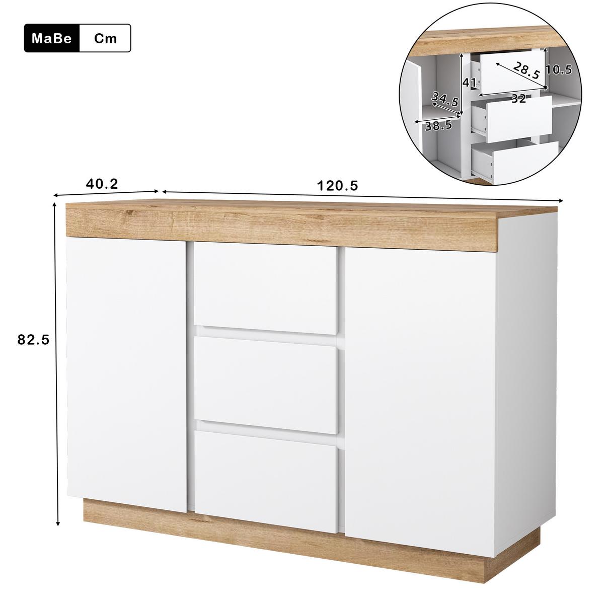 SIDEBOARD weiß eiche 120cm 3 schubladen 2 türen - Weiß, Holzwerkstoff (120.5/82.5/40cm) - Urban Meuble