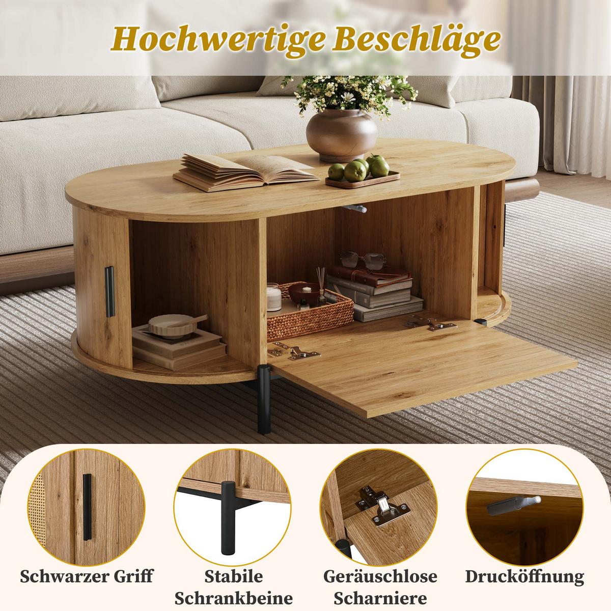 COUCHTISCH in holzoptik mit rattan, ovale form und schiebetüren - Naturfarben, Holzwerkstoff (50/100/40cm) - Urban Meuble