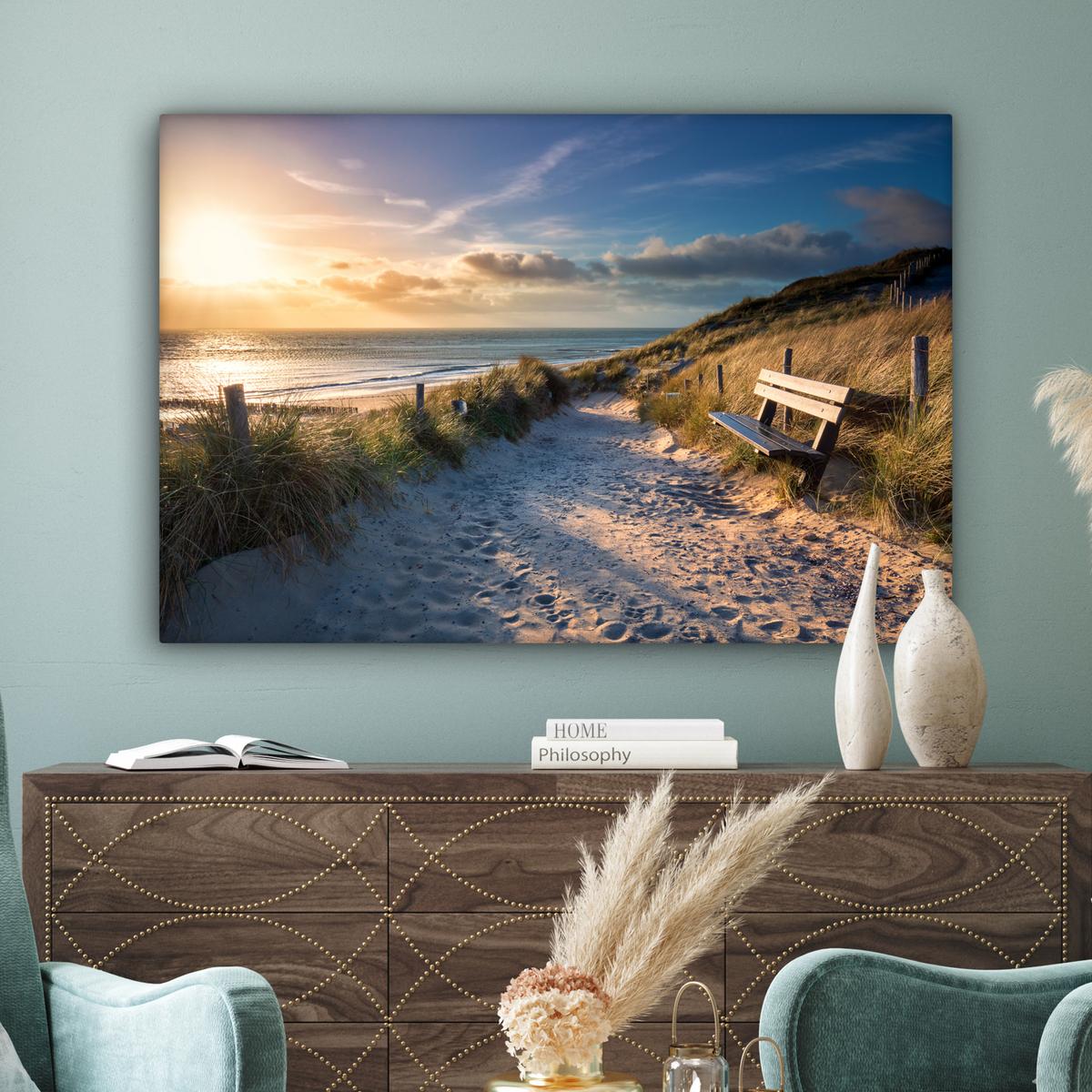 LEINWANDBILD Sonnenuntergang - Strand - Düne - Gras - Ufer Groß 140x90 cm - Sandfarben, Textil (140/90cm) - MuchoWow