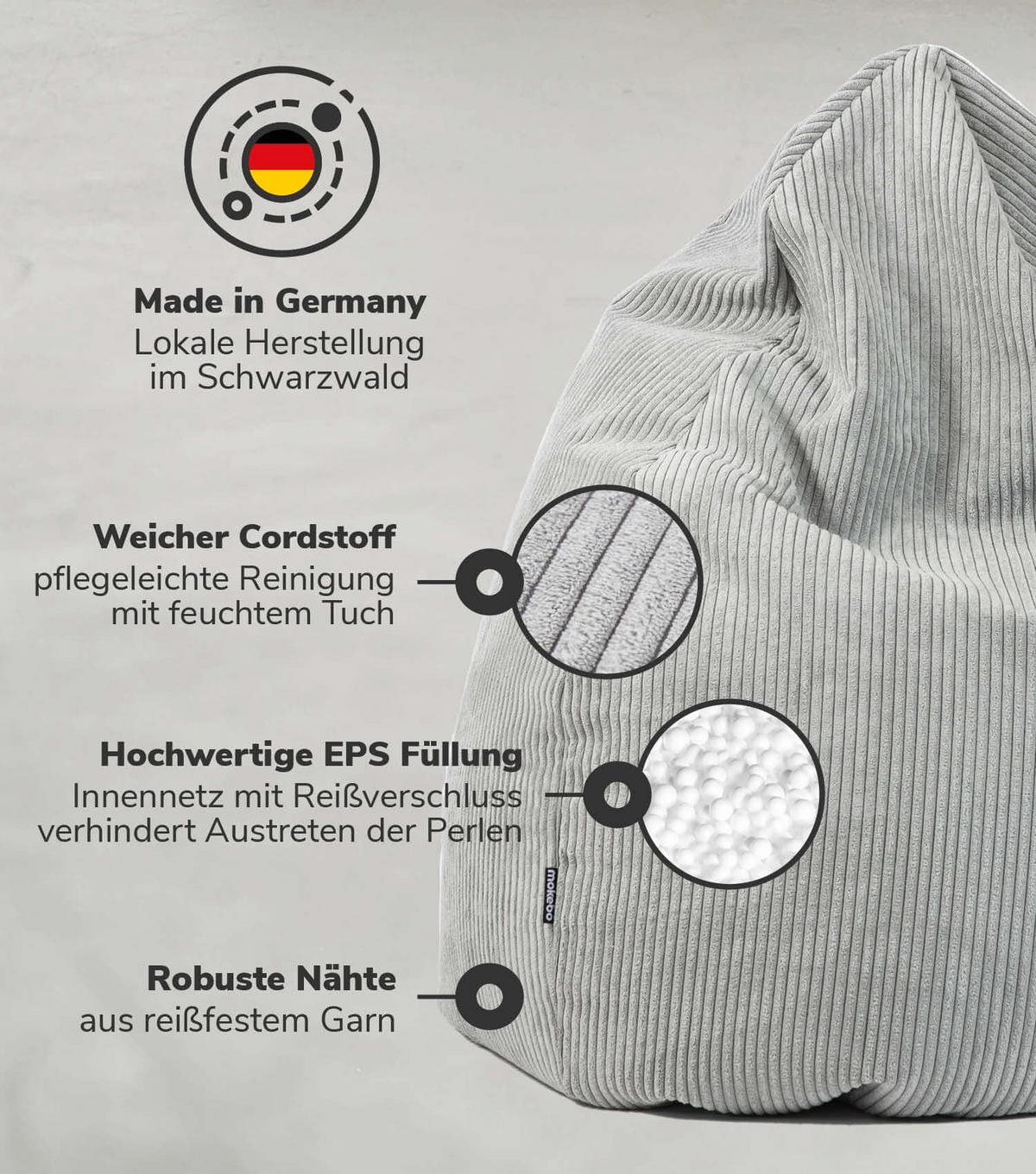 SITZSACK Cord Der Tagträumer - Grau, Textil (80/130/80cm) - Mokebo
