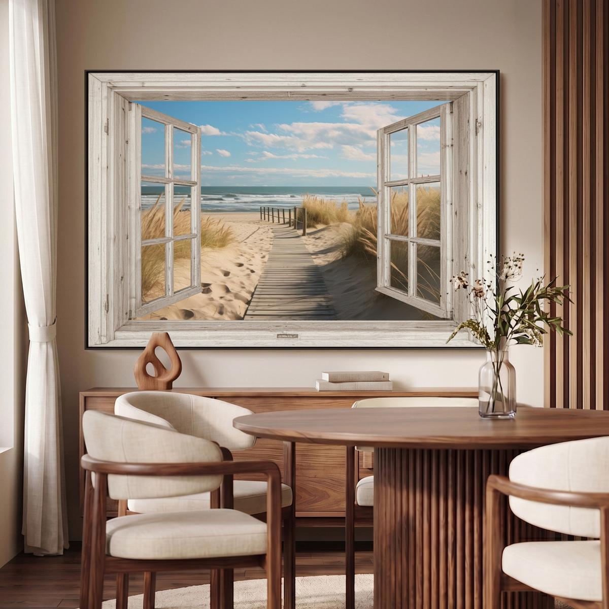 LEINWAND Bilder mit Rahmen - Fenster - Meer - Küste - Natur - Ausblick - Strand - Wattenmeer - 120x80 - Beige, Textil (120/80cm) - MuchoWow