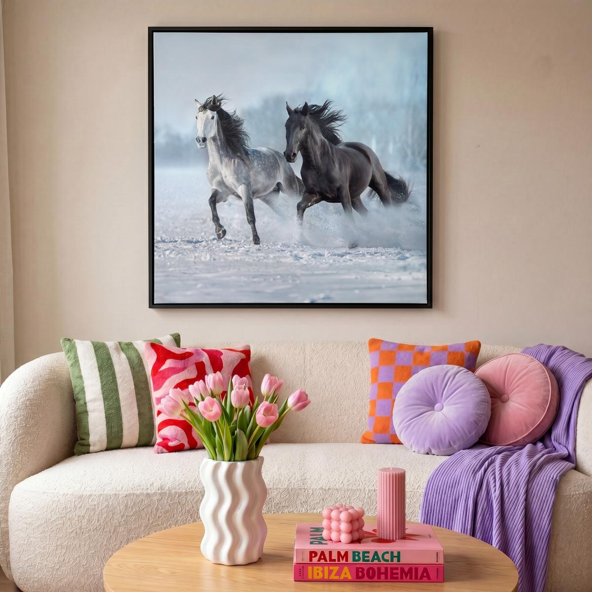 LEINWAND Bilder mit Rahmen - Pferde - Winter - Tiere - Natur - Schnee - 90x90 - Anthrazit, Textil (90/90cm) - MuchoWow