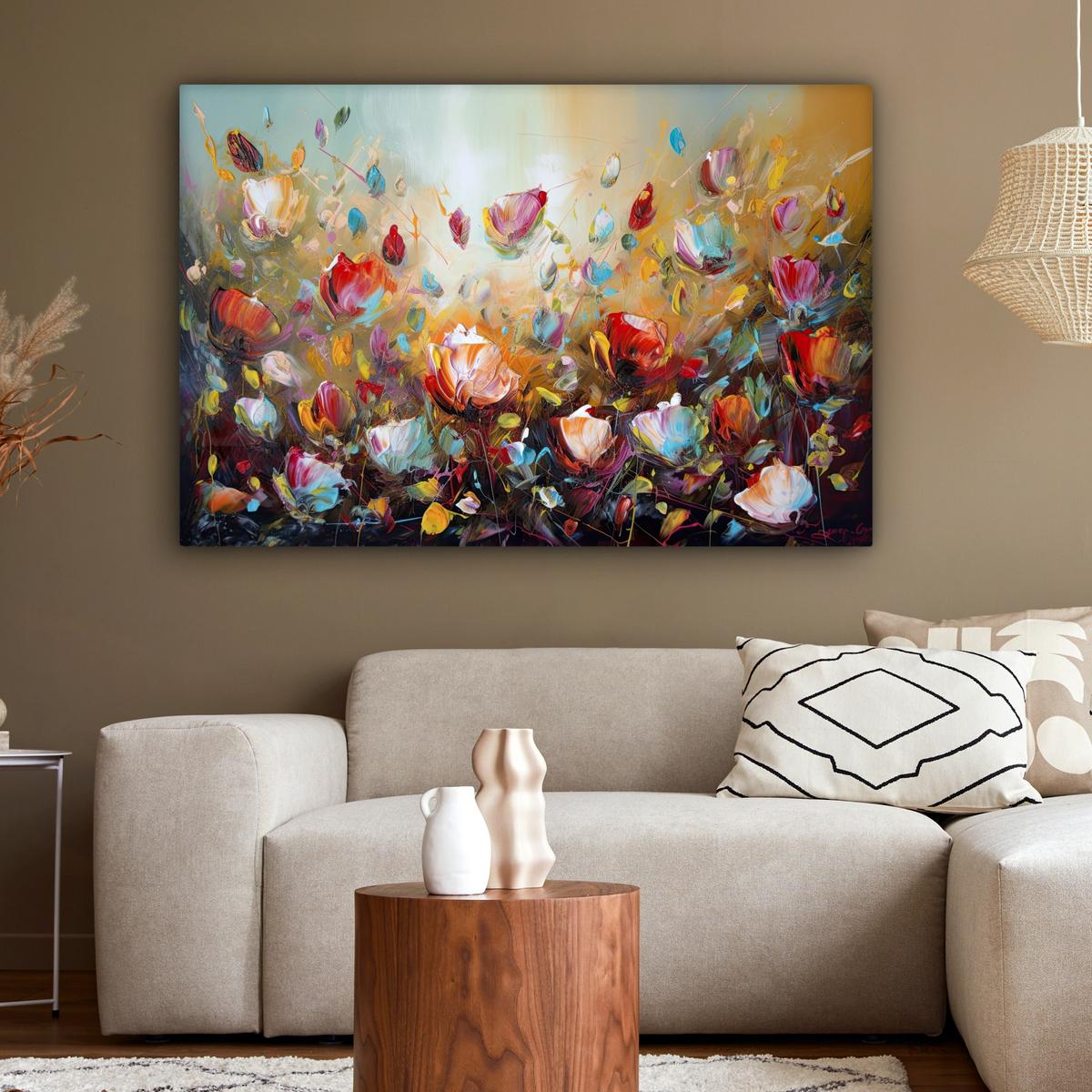 LEINWANDBILD Blumen - Kunst - Natur - Ölgemälde Groß 140x90 cm - Multicolor, Textil (140/90cm) - MuchoWow