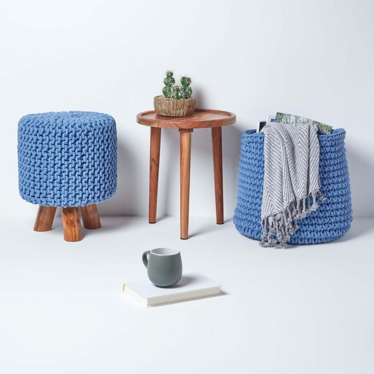 STRICK-HOCKER blau, Dreibein 32/32/42 cm - Blau, Textil (32/42/32cm) - Homescapes