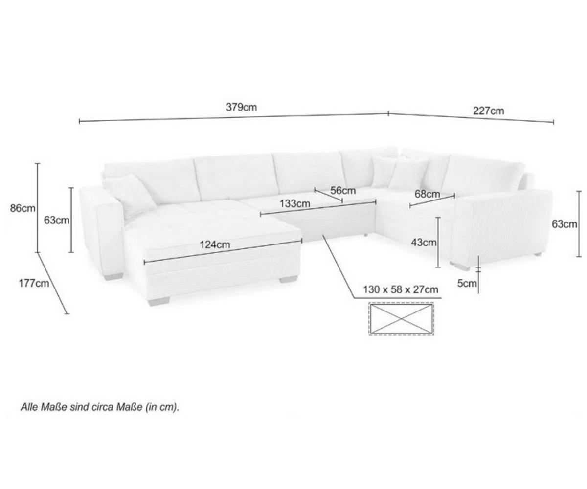 WOHNLANDSCHAFT Schlaffunktion Bettkasten Wellenunterfederung, spiegelverkehrt montierbar U-Form B379/T227/H86 cm, Cord Dunkelgrau / 15198 - Dunkelgrau/Eichefarben, Holz/Textil (379/86/227cm) - luma-home