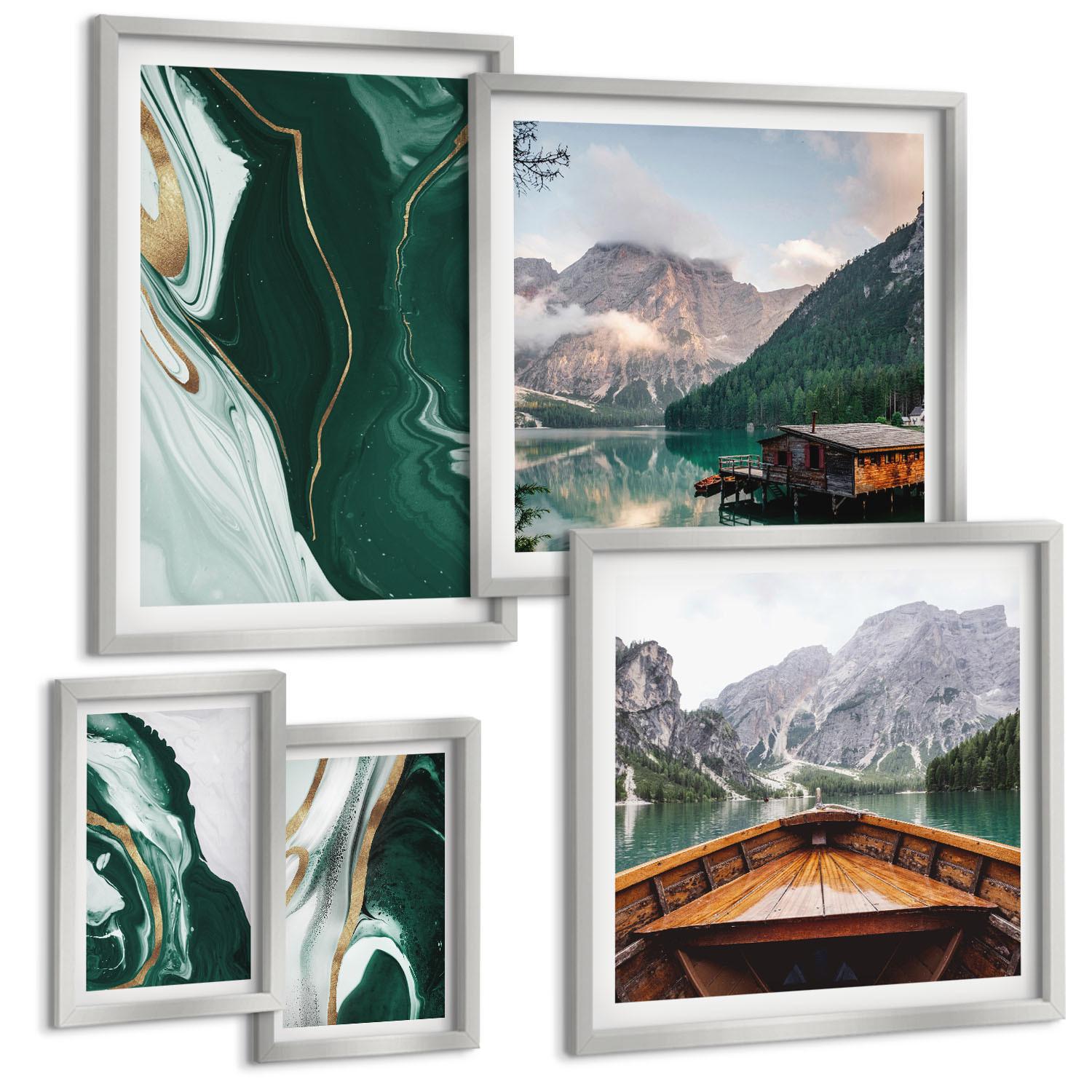 BILDER SET 5er Set - 50x50 cm & 20x30 cm & 40x60 cm Silberner Rahmen - Abstrakte Muster von Sukkulentenblättern - Silberfarben, Kunststoff (40/60cm) - TULUP