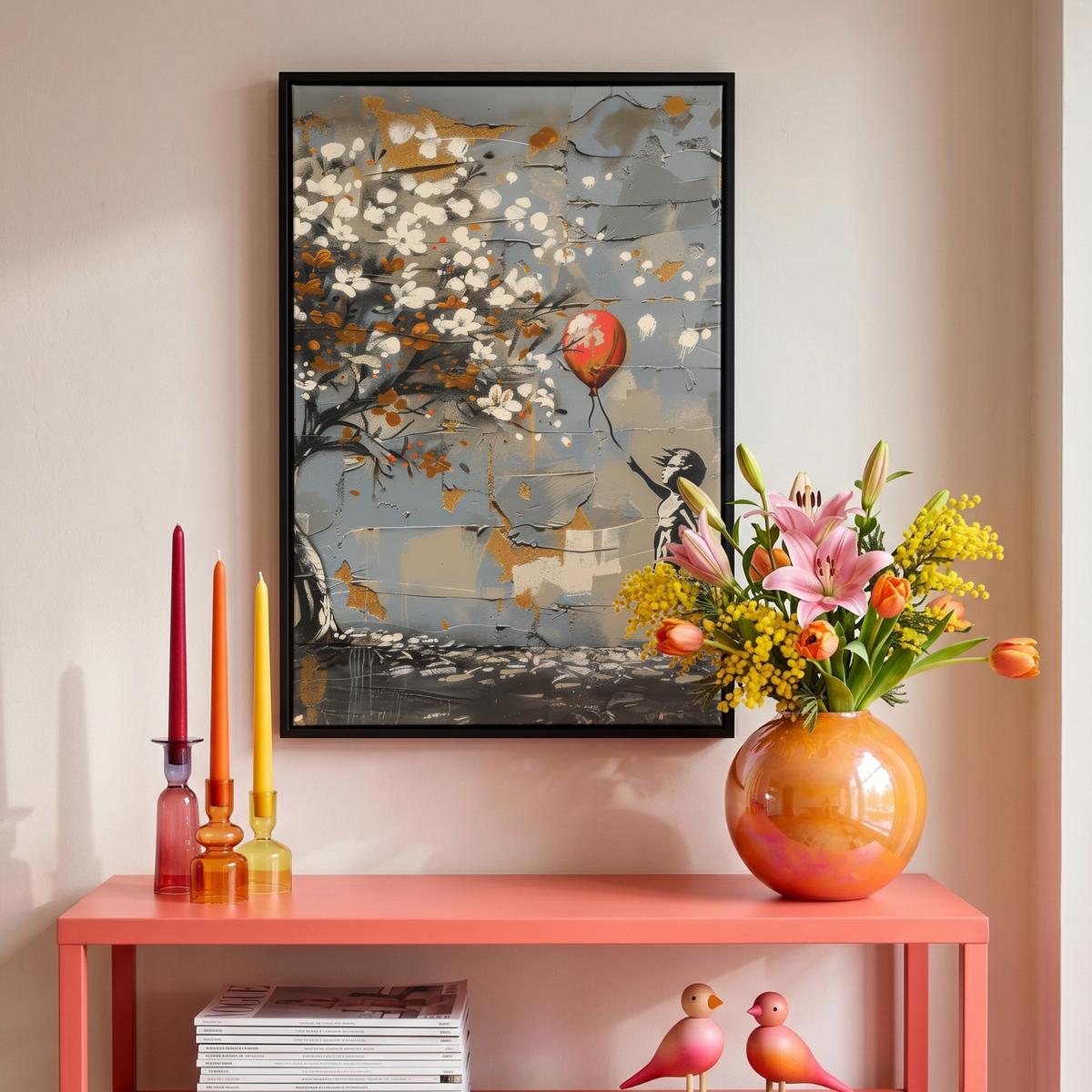 LEINWAND Bilder mit Rahmen - Baum - Graffiti - Banksy-Stil - Ballon-Mädchen - 40x60 - Blaugrau, Textil (40/60cm) - MuchoWow