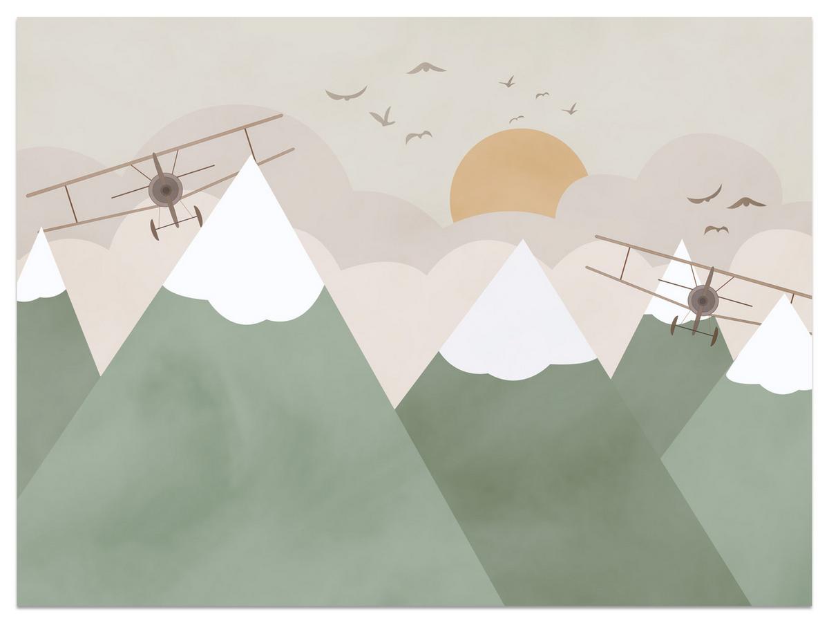 FOTOTAPETE für Kinderzimmer Berge Flugzeuge Wolken 400x280 - Beige/Orange, Papier (400/280cm) - Muralo
