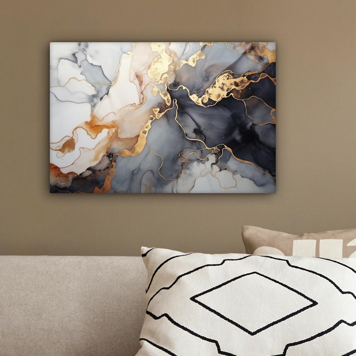 LEINWANDBILD Marmor - Schwarz - Gold - Weiß Deko Schlafzimmer 30x20 cm - Dunkelgrau, Textil (30/20cm) - MuchoWow