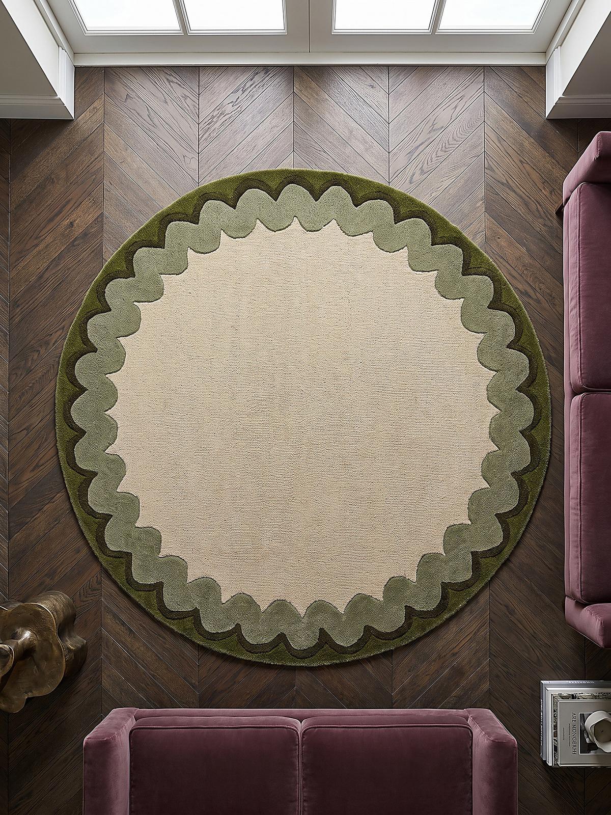 WOLLTEPPICH handgetuftet WAVENEY, Zickzack-Wellenbordüre, Olivgrün, Ø 160 cm - Grün, Textil (160/160cm) - KADIMA DESIGN