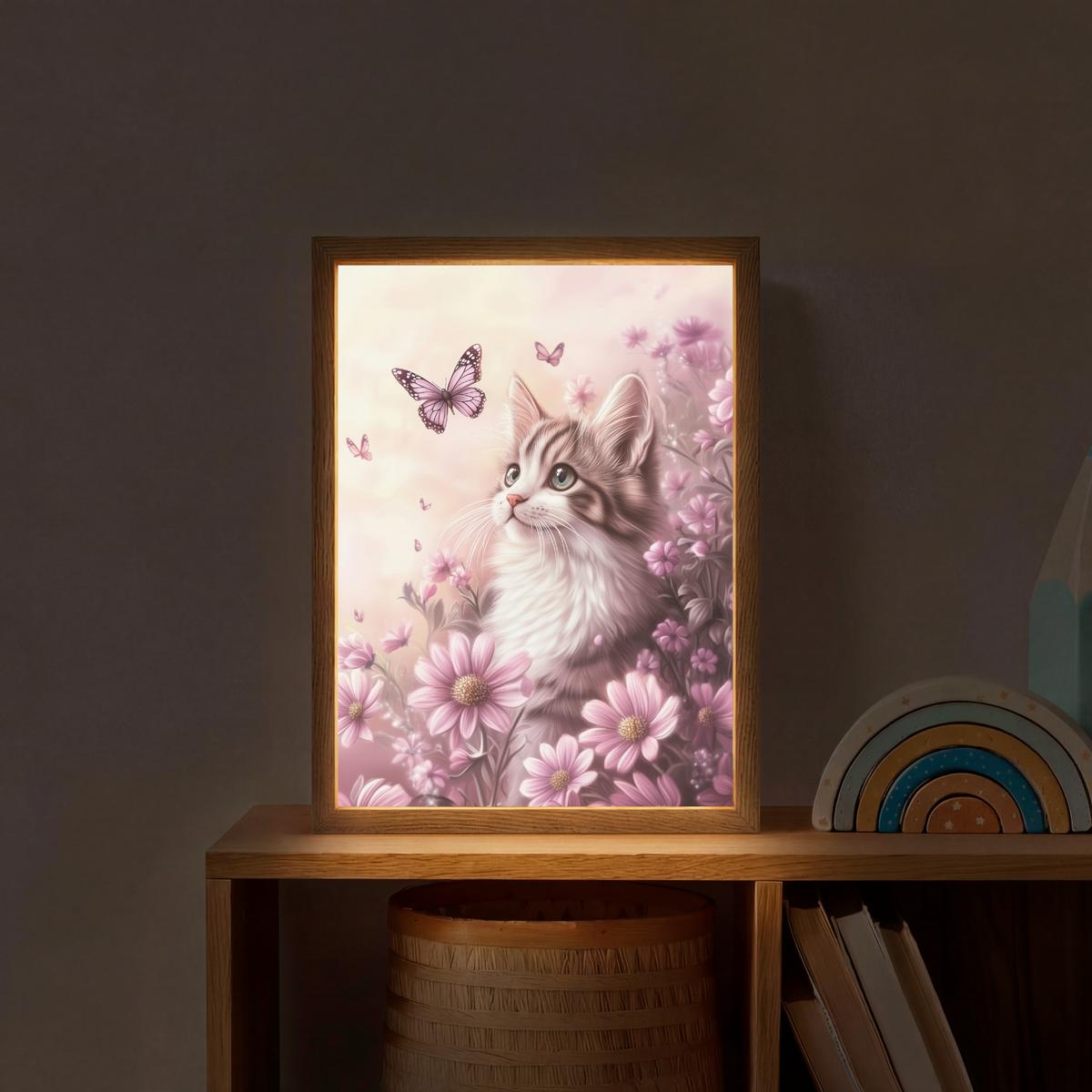 WANDLEUCHTE MIT AKKU Kätzchen - Blumen - Schmetterlinge - Lila 30x40 cm - Altrosa, Holzwerkstoff (30/40/8cm) - OnlyWow