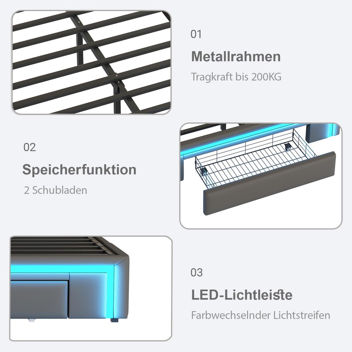 BETT mit Schubladen und LED 90X200 CM - Grau, Holzwerkstoff/Textil - Urban Meuble