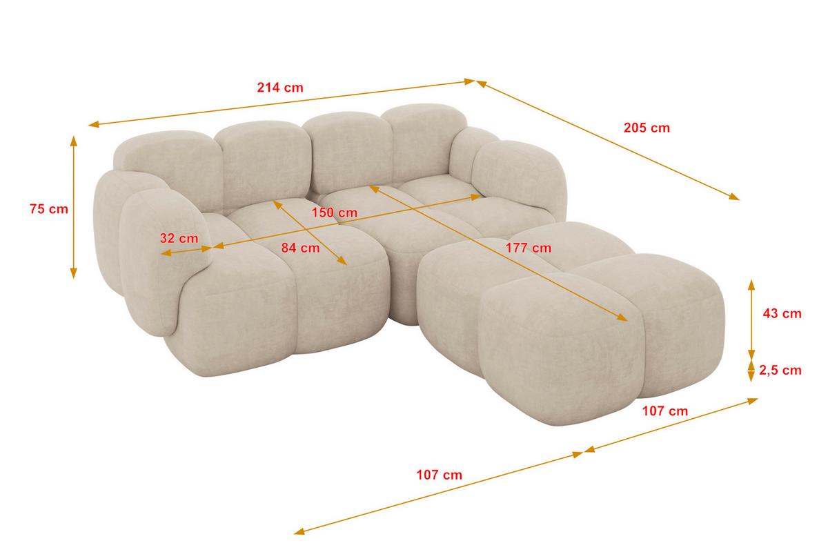 ECKSOFA modulares Sofa Rechts Miko-L1 214x205x75 Beige Velours - Ecru/Schwarz, Holzwerkstoff/Kunststoff (214/205cm) - ALTDECOR