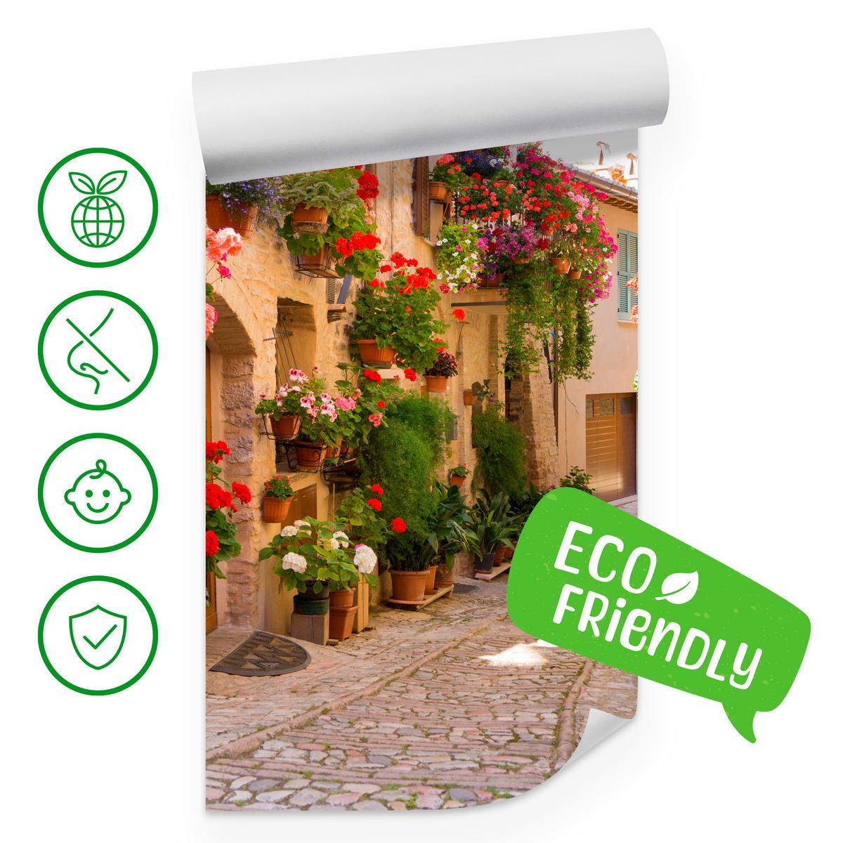FOTOTAPETE für Wohnzimmer Italienische Steinstraße Blumen Pflanzene 350x256 - Beige/Rot, Papier (350/256cm) - Muralo