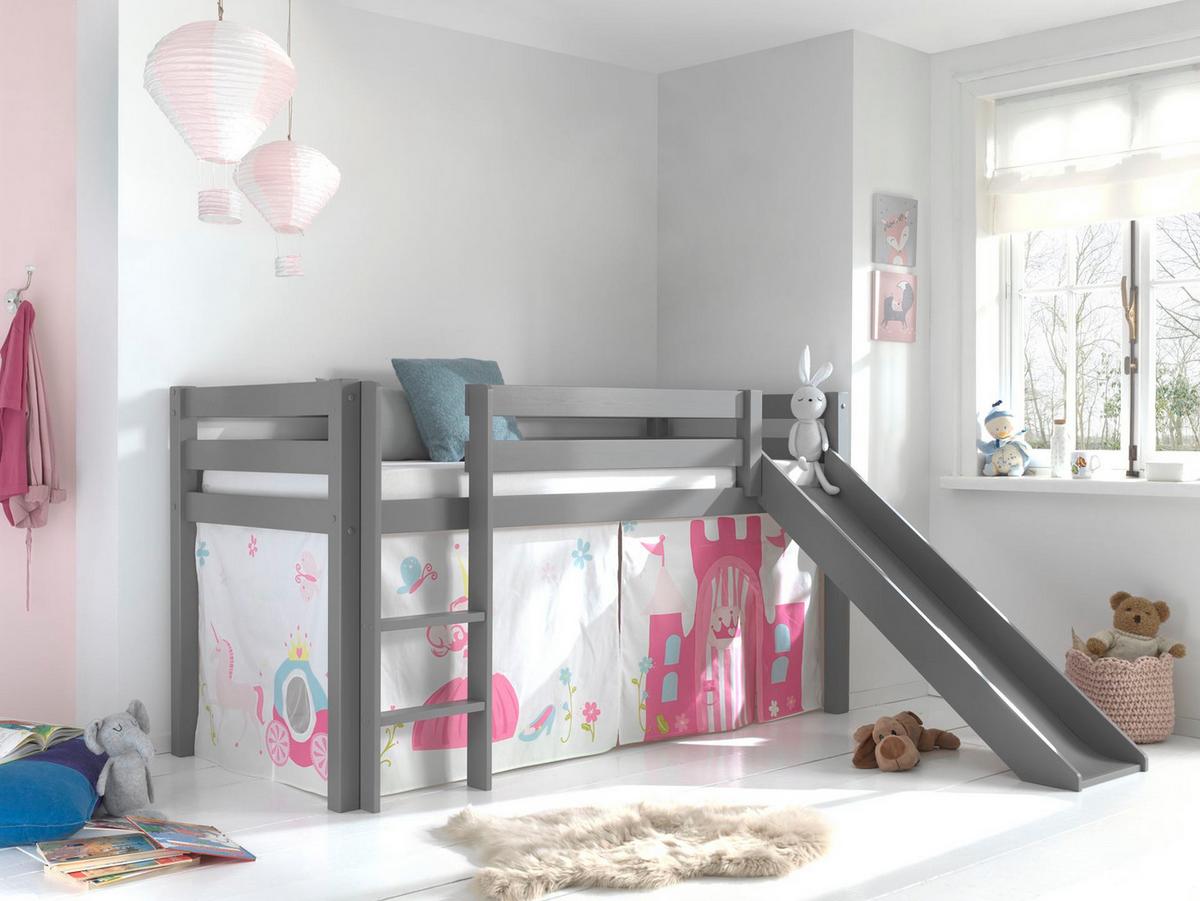HOCHBETT mit Rutsche Karolina Massivholz Grau Textilset Princess 1 - Magenta/Grau, Holz (90/200cm) - 58aufmkessel