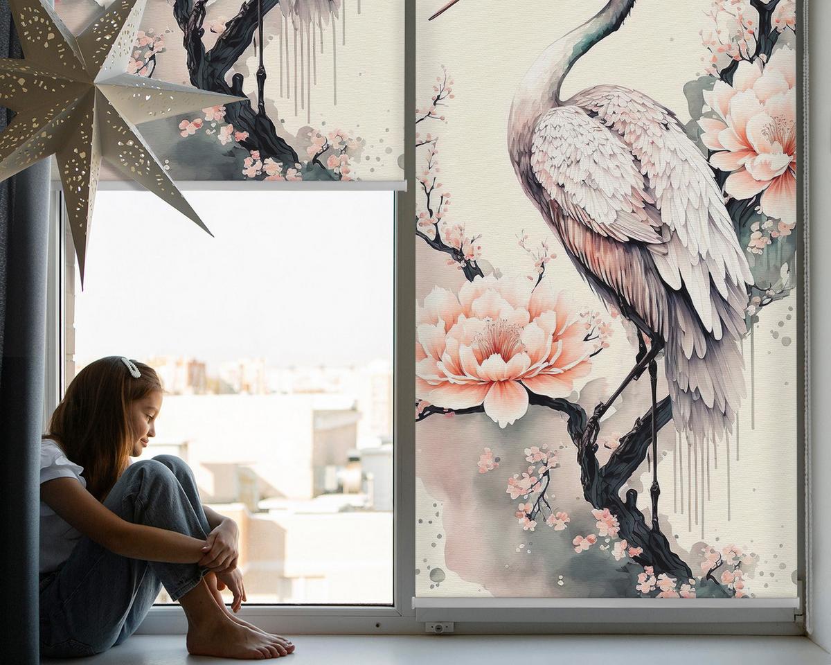 INNENROLLO - Fensterrollo - Rollo - 80x180 cm - Reiher in Blumen - Grau, Kunststoff (80/180/0.5cm) - TULUP