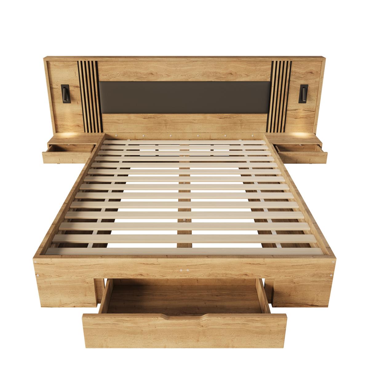 BETT in naturfarbe mit pu-kopfteil, mit stauraum und leselampen - Naturfarben, Holzwerkstoff (180/200cm) - Urban Meuble