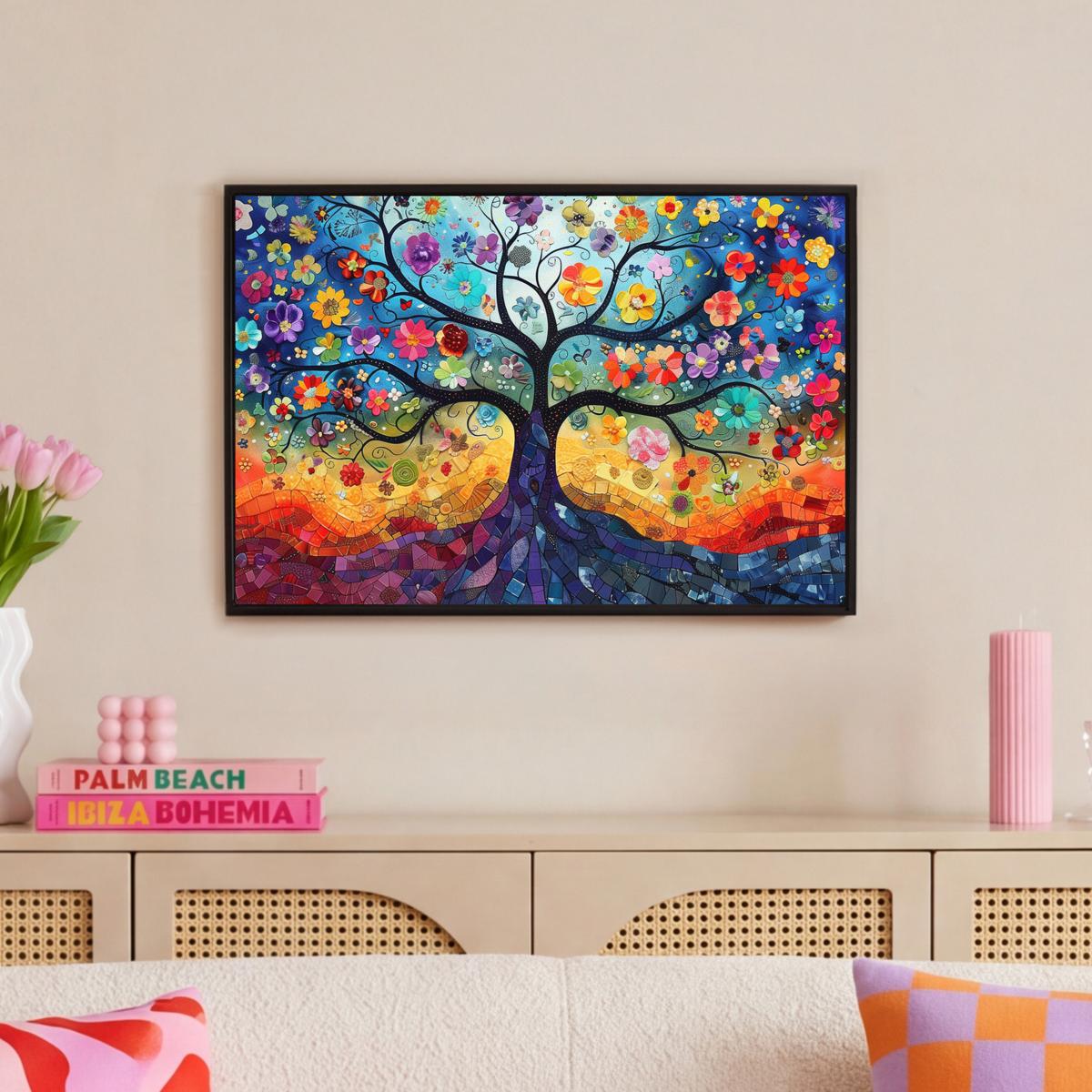 LEINWAND Bilder mit Rahmen - Kunst - Baum des Lebens - Blumen - Hippie - 60x40 - Dunkelblau, Textil (60/40cm) - MuchoWow