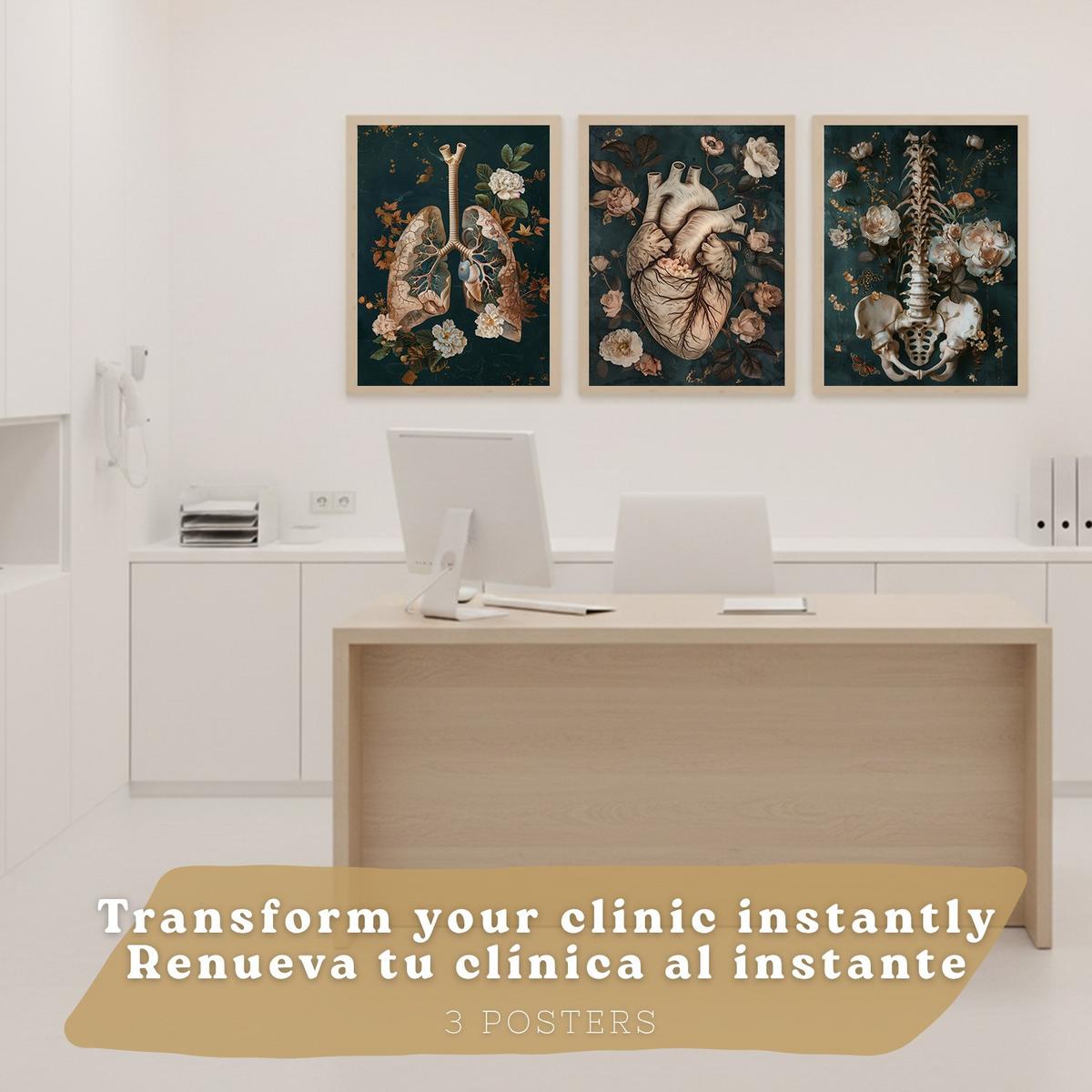 POSTER Set aus 3 Anatomie Mensch Drucke und Wandbilder mit Herz Atmungssystem und Skelett Botanischer Stil Wanddekoration Größe Leichter Holzrahmen A3 - Beige, Papier (29.7/42/3cm) - Nacnic