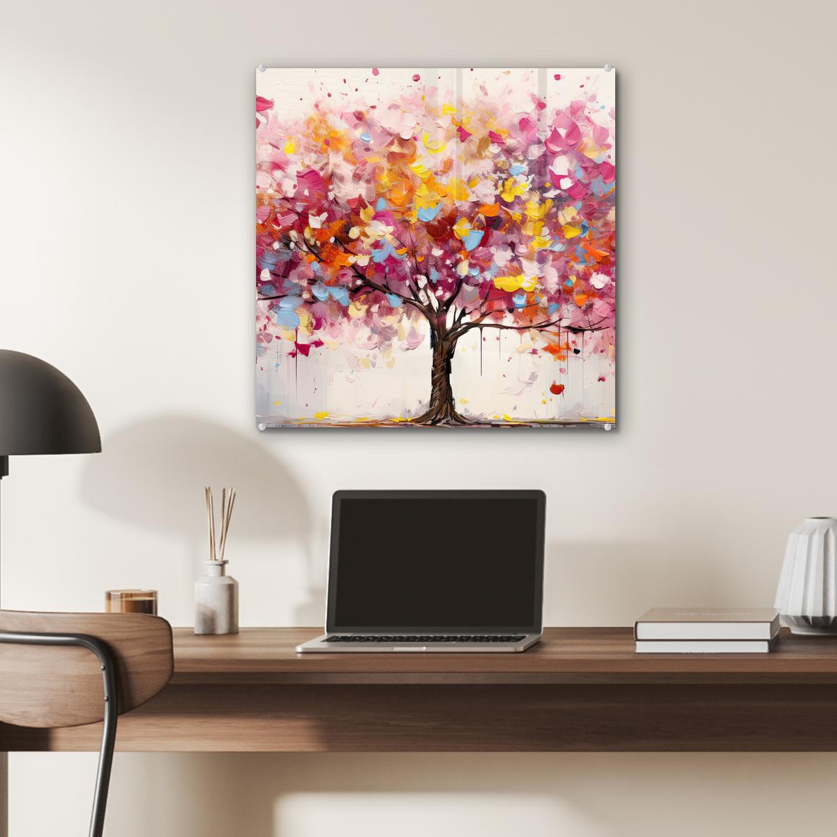 ACRYLGLASBILD Aquarell - Baum - Kunst - Abstrakt 50x50 cm - Multicolor, Glas (50/50cm) - MuchoWow