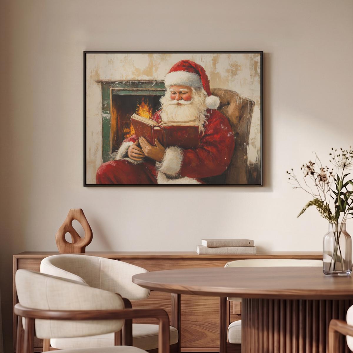 LEINWAND Bilder mit Rahmen - Weihnachten - Weihnachtsmann - Winter - Open Fireside - 70x50 - Dunkelrot, Textil (70/50cm) - MuchoWow