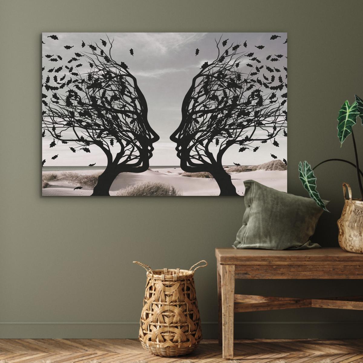 AKUSTIKBILD Strand - Meer - Menschen - Baum - Moderne Kunst Wandbild Wohnzimmer 100x70 cm - Hellgrau, Kunststoff (100/70/0.9cm) - MuchoWow