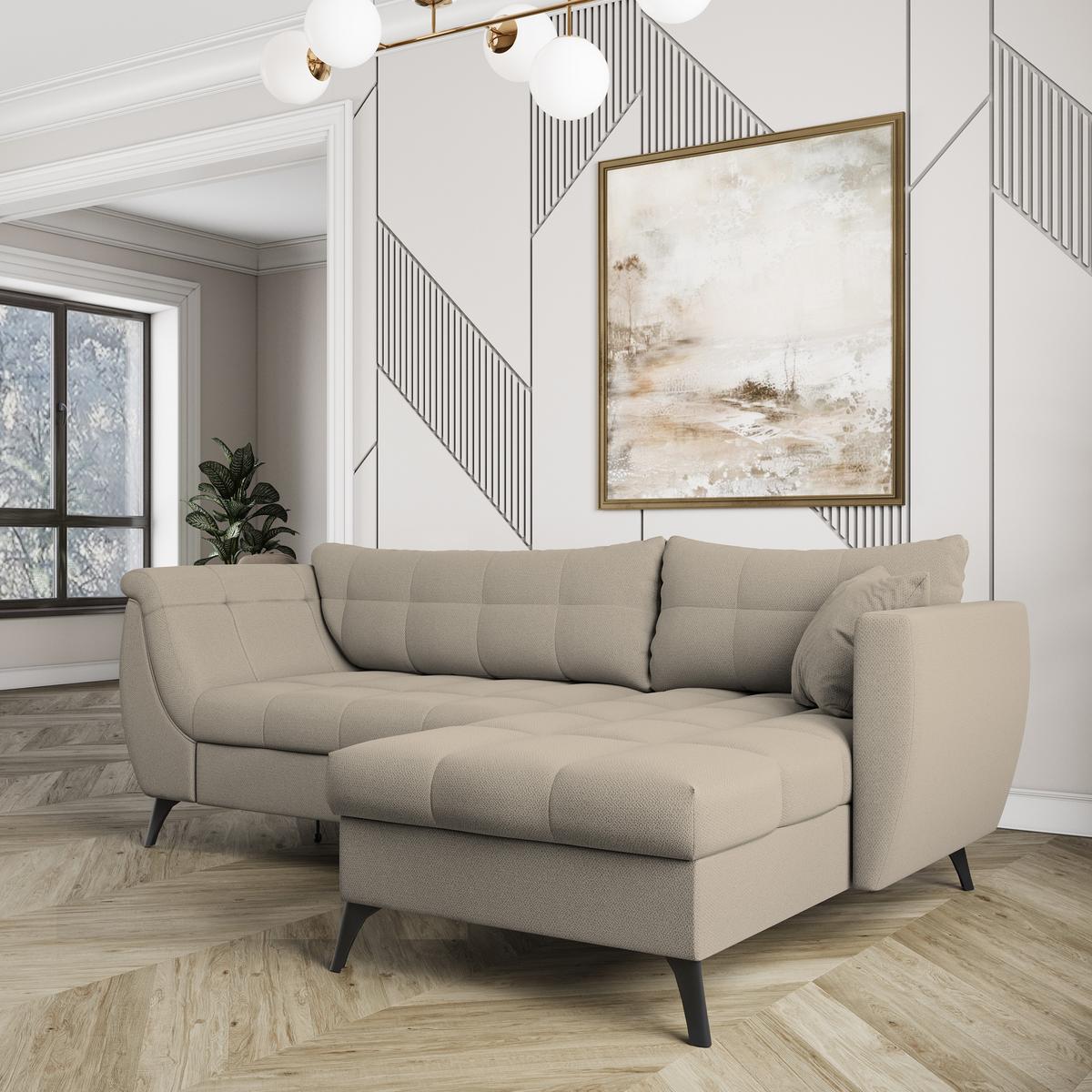ECKSOFA MOLLIS Beige Geflochtener-Stoff mit Schlaffunktion - Beige, Holz (241/154cm) - MASSENO