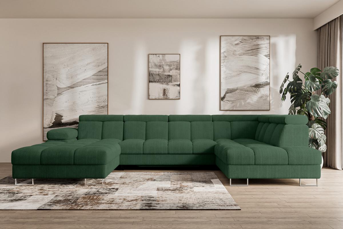 WOHNLANDSCHAFT mit Schlaffunktion und Bettkasten Ottomane RECHTS COMA U 345x203x79 Grün Cord - Waldgrün, Holzwerkstoff/Textil (203/79/345cm) - ALTDECOR