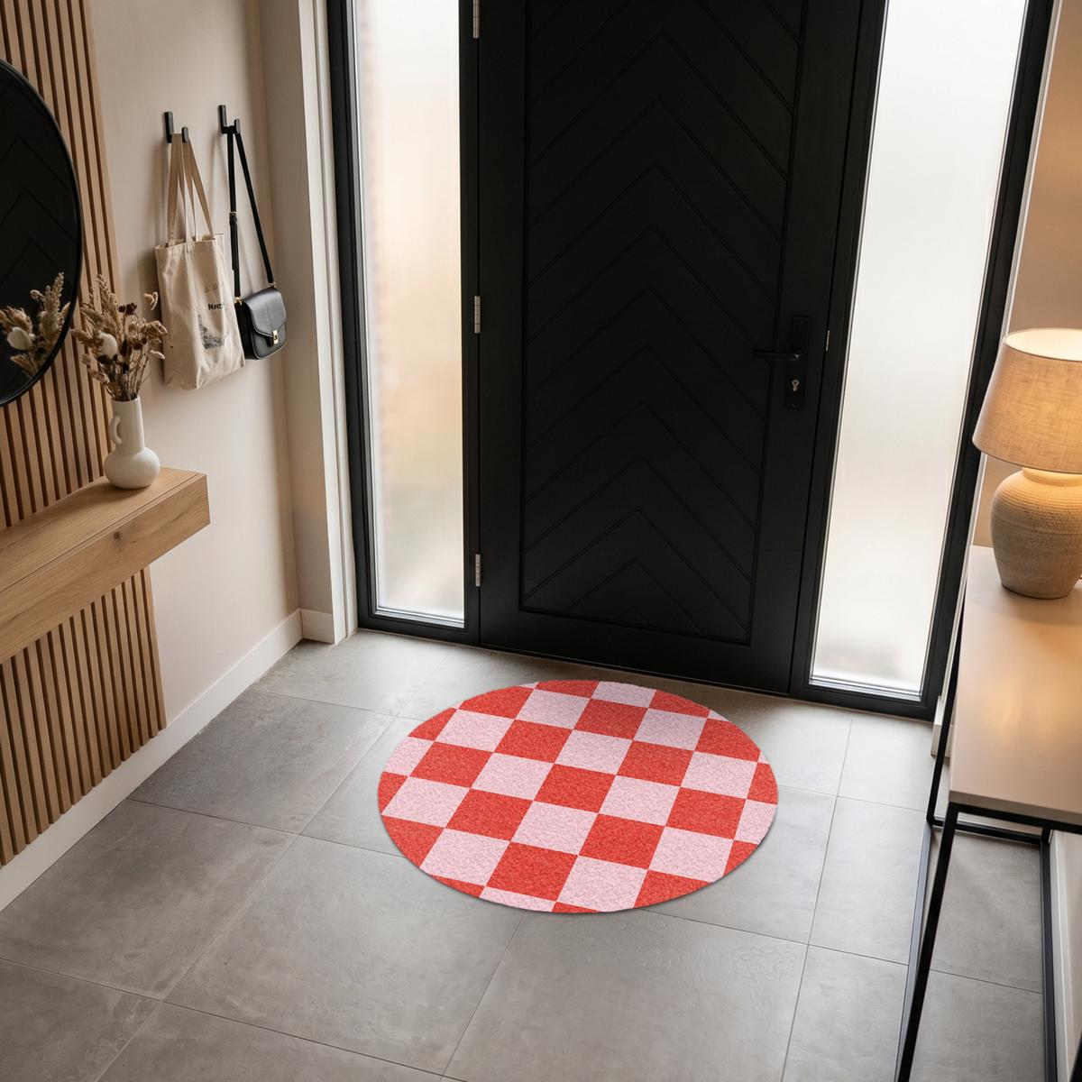 FUSSMATTE Schachbrettmuster - Rot - Rosa - Würfel Türmatte 90x90 cm - Rot, Kunststoff (90/0.4cm) - MuchoWow