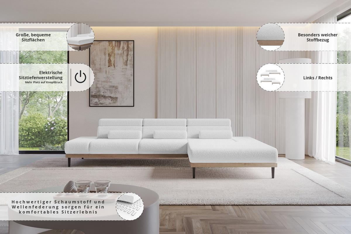 ELEKTRISCHES ECKSOFA Rechts MONA 316x205x85 Weiß Bouclé - Weiß, Holzwerkstoff/Textil (316/205cm) - ALTDECOR