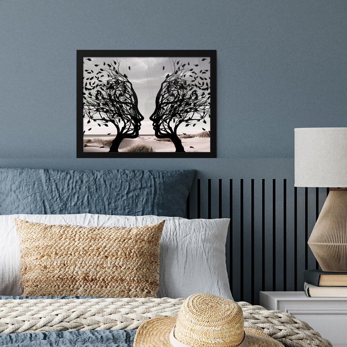 POSTER MIT RAHMENGERAHMTES BILD Strand - Meer - Menschen - Baum - Moderne Kunst 40x30 cm - Hellgrau, Papier (40/30cm) - MuchoWow