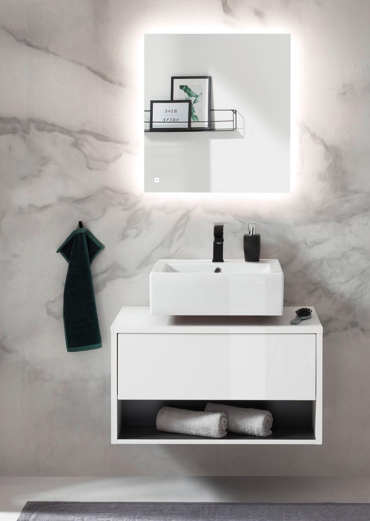 BADMÖBEL-SET 2-teilig weiß Hochglanz, grau mit LED Beleuchtung 80 cm - Weiß Hochglanz/Grau, Glas/Holzwerkstoff (80/190/46cm) - Furn.Design