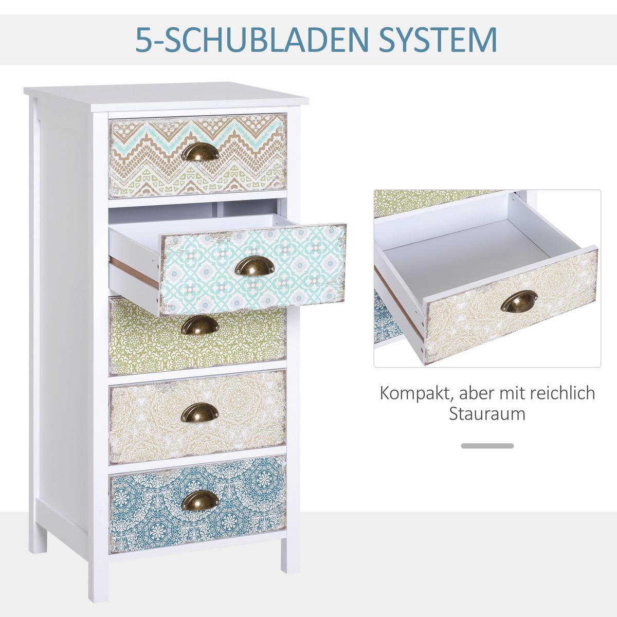 KOMMODE mit 5 Schubladen Schubladenkommode Schrank Shabby Chic Bunt - Multicolor, Metall (34/97.5/46cm) - HOMCOM