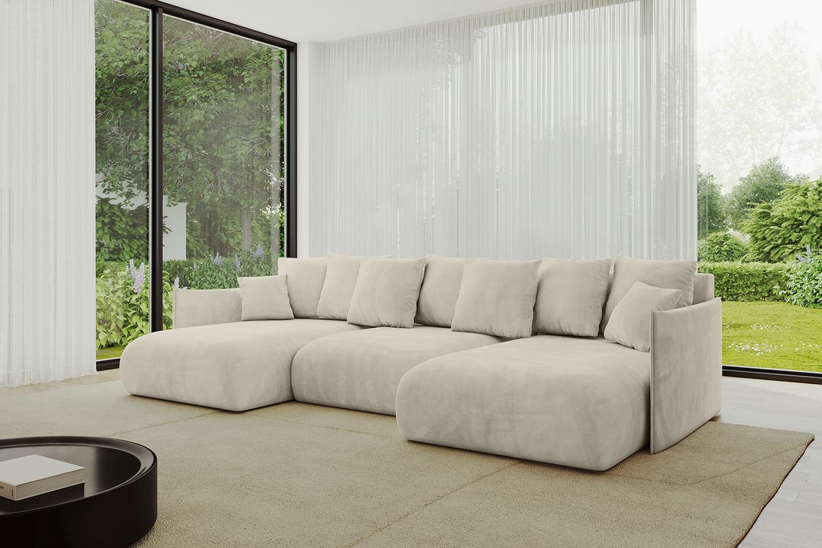 WOHNLANDSCHAFT mit Schlaffunktion und Bettkasten ONESK-U 317x177x72 Ecru Velours - Ecru, Holzwerkstoff/Kunststoff (317/72/177cm) - ALTDECOR