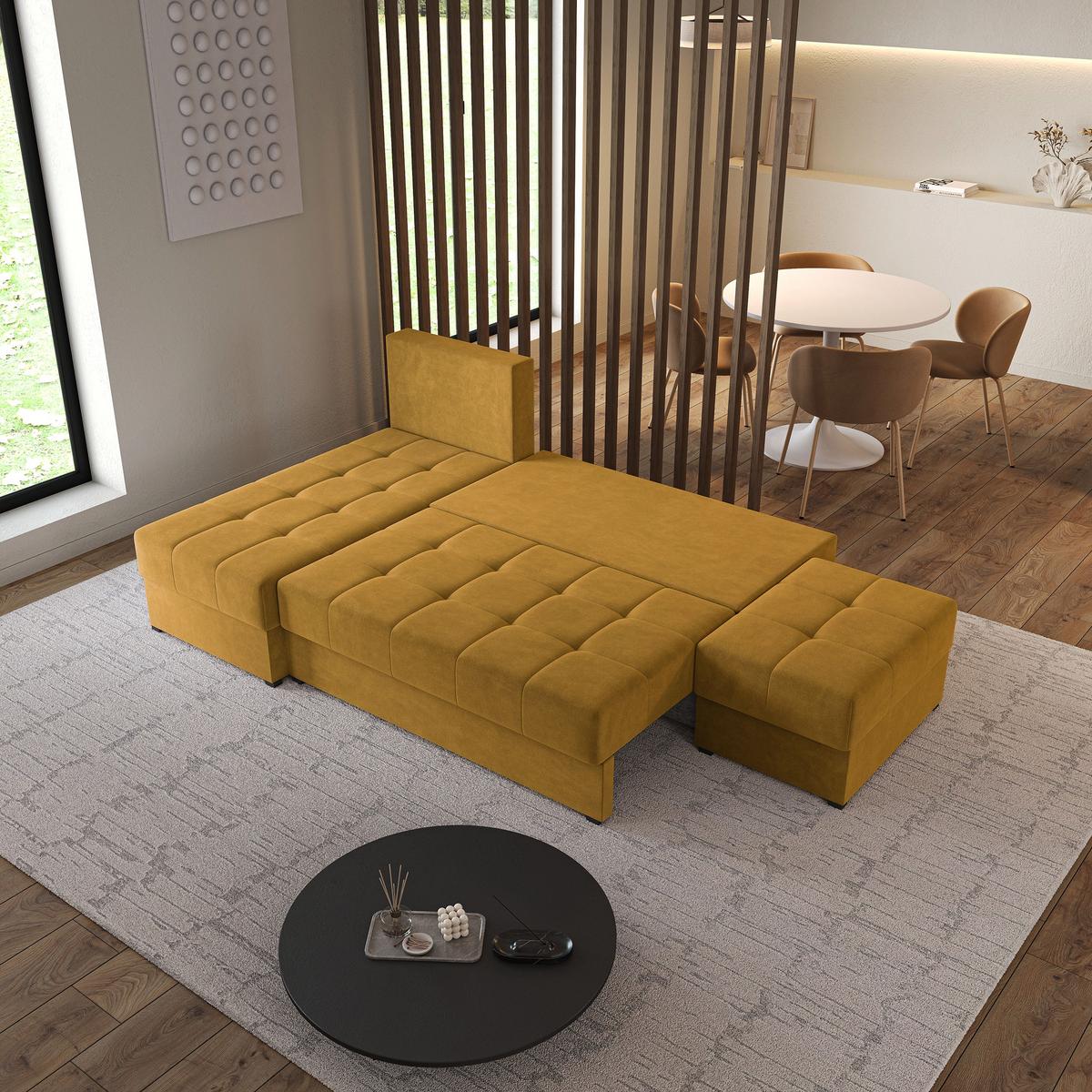 ECKSOFA NORVI Gelb Plüsch-Stoff mit Schlaffunktion - Gelb, Holz (251/143cm) - MASSENO