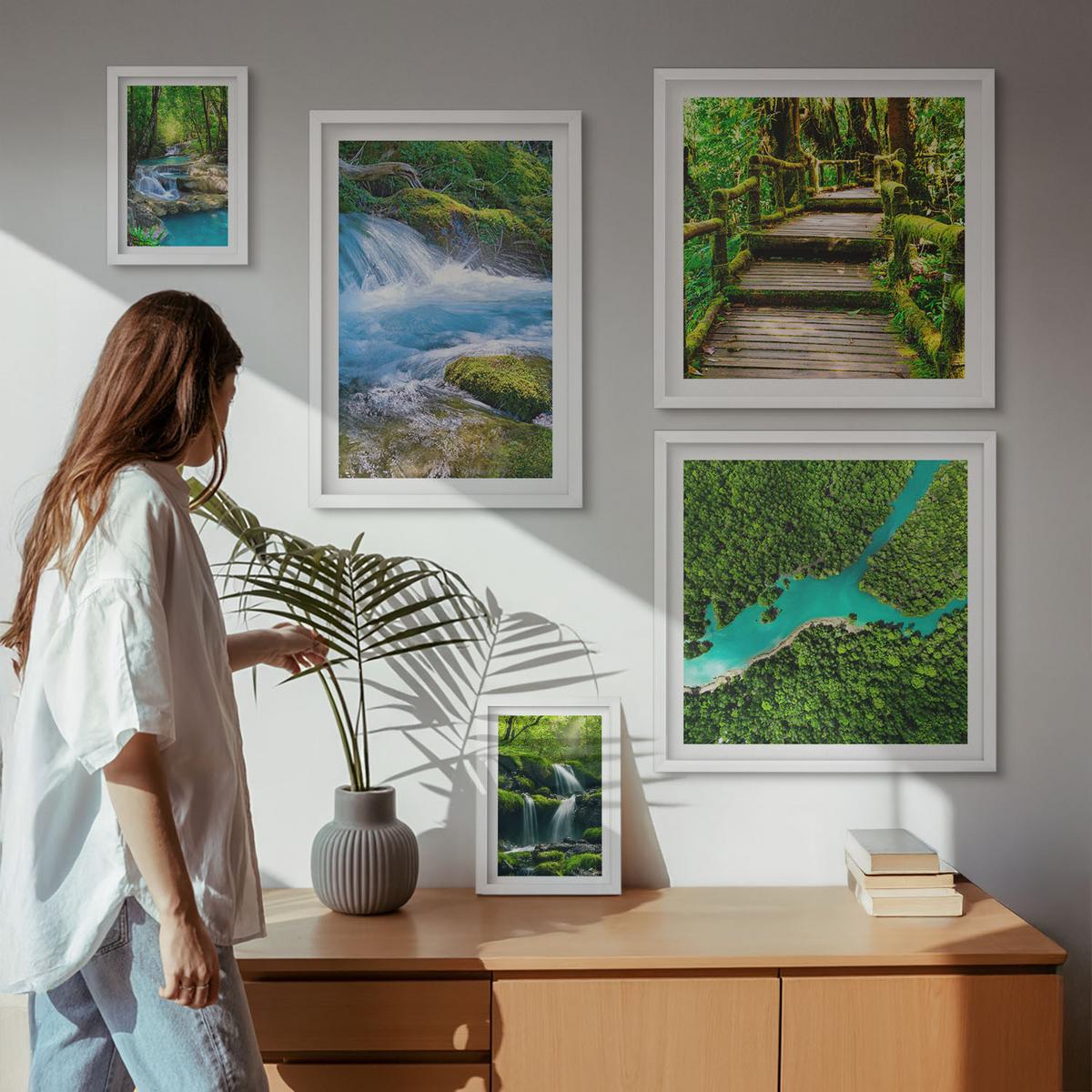 BILDER SET 5er Set - 50x50 cm & 20x30 cm & 40x60 cm Weißer Rahmen - Grüne Berge, Flussfelsen - Weiß, Kunststoff (40/60cm) - TULUP