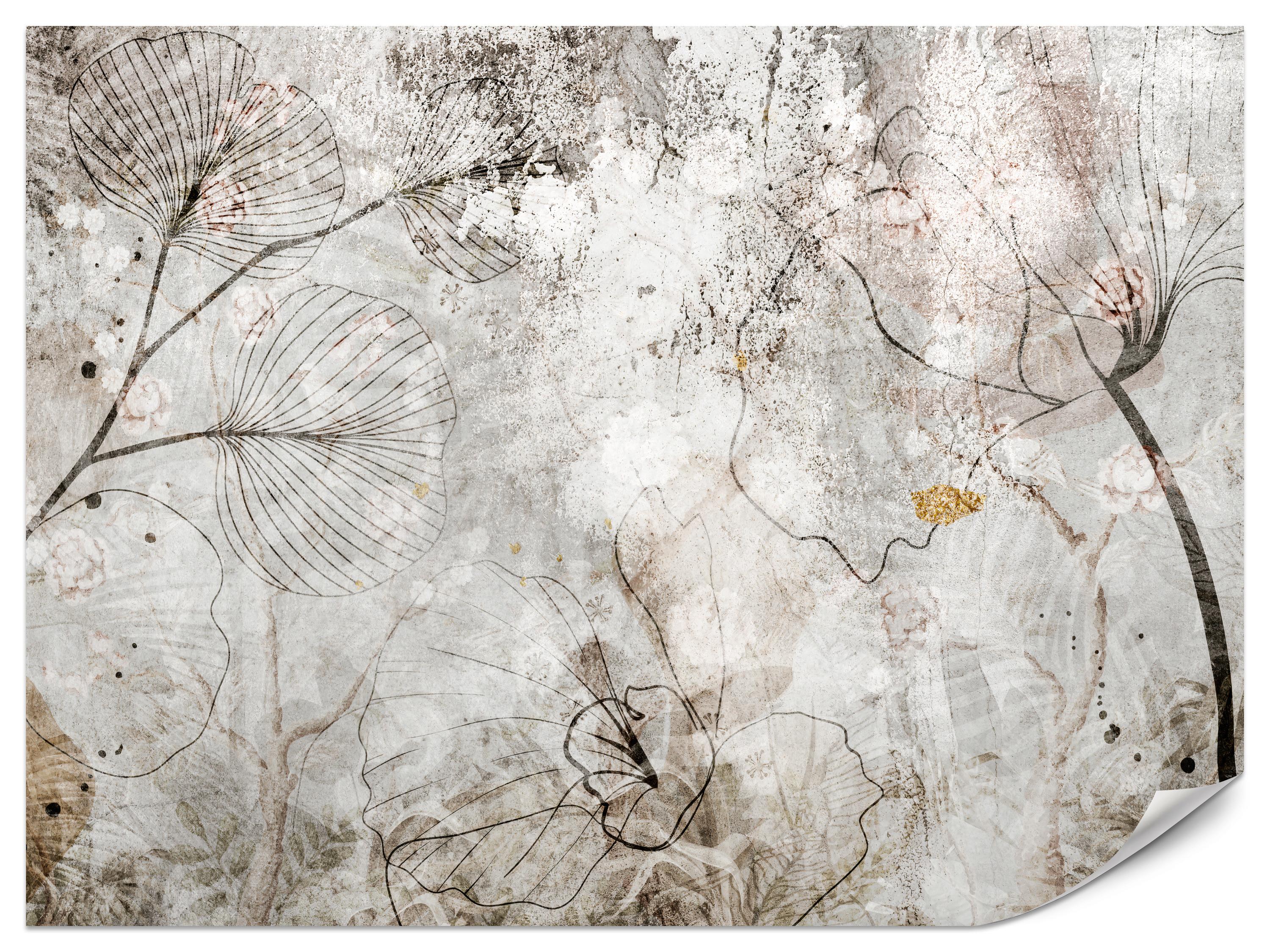 FOTOTAPETE für Wohnzimmer Vintage Blätter Blumen Beton Abstrakt 100x70 - Gelb/Orange, Papier (100/70cm) - Muralo