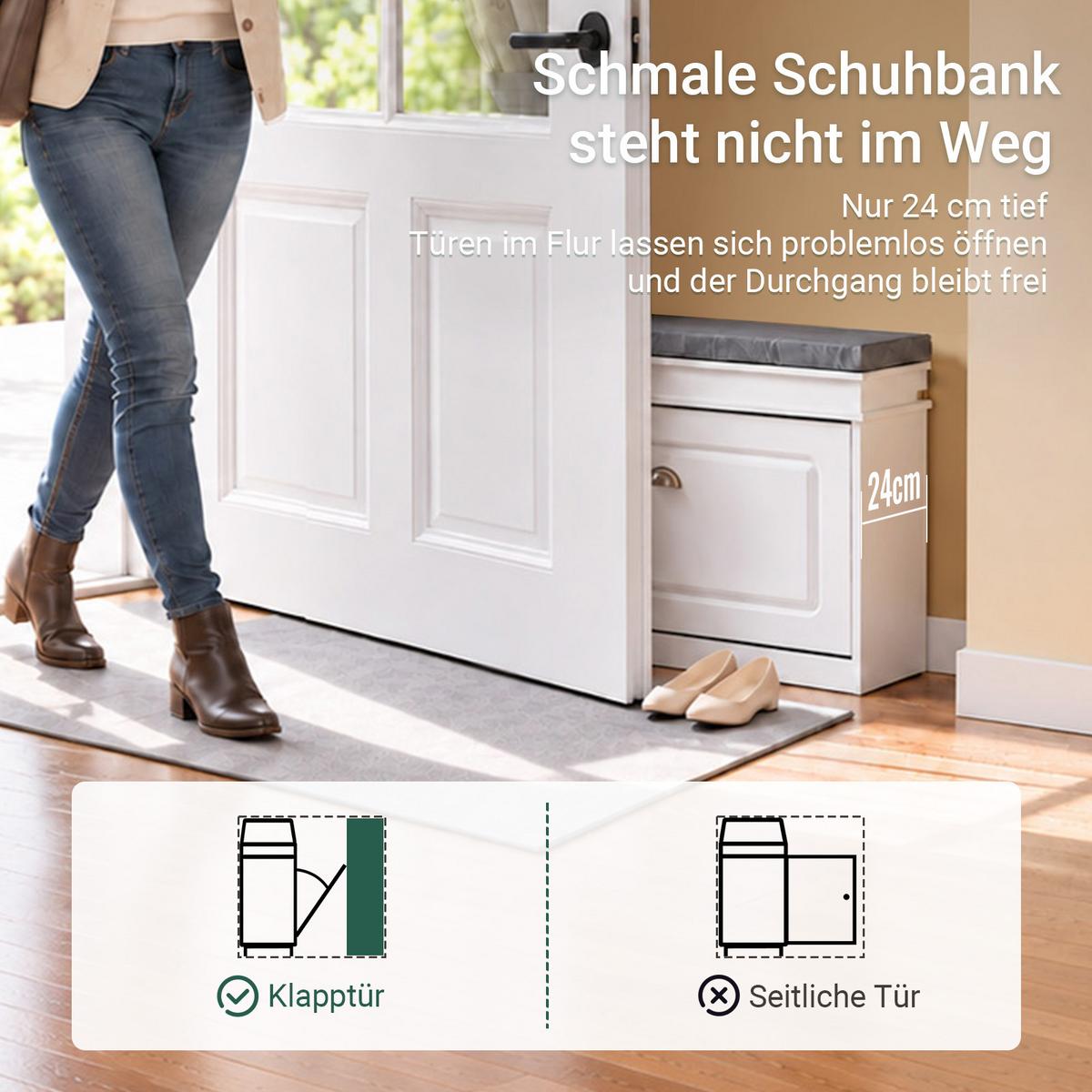 SCHUHBANK, Weiß 75x51x24cm, Klappe mit 2 Ebenen für 6 Paar Schuhe, Sitzpolster, bis 150 kg, schmal für Flur & Diele - Weiß, Holzwerkstoff (75/51/24cm) - SoBuy