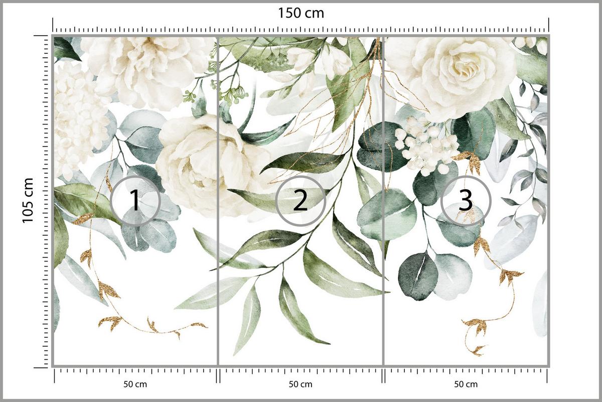 FOTOTAPETE für Schlafzimmer Aquarell Weiße Blumen Pfingstrosen Blätter Natur 150x105 - Creme/Weiß, Papier (150/105cm) - Muralo