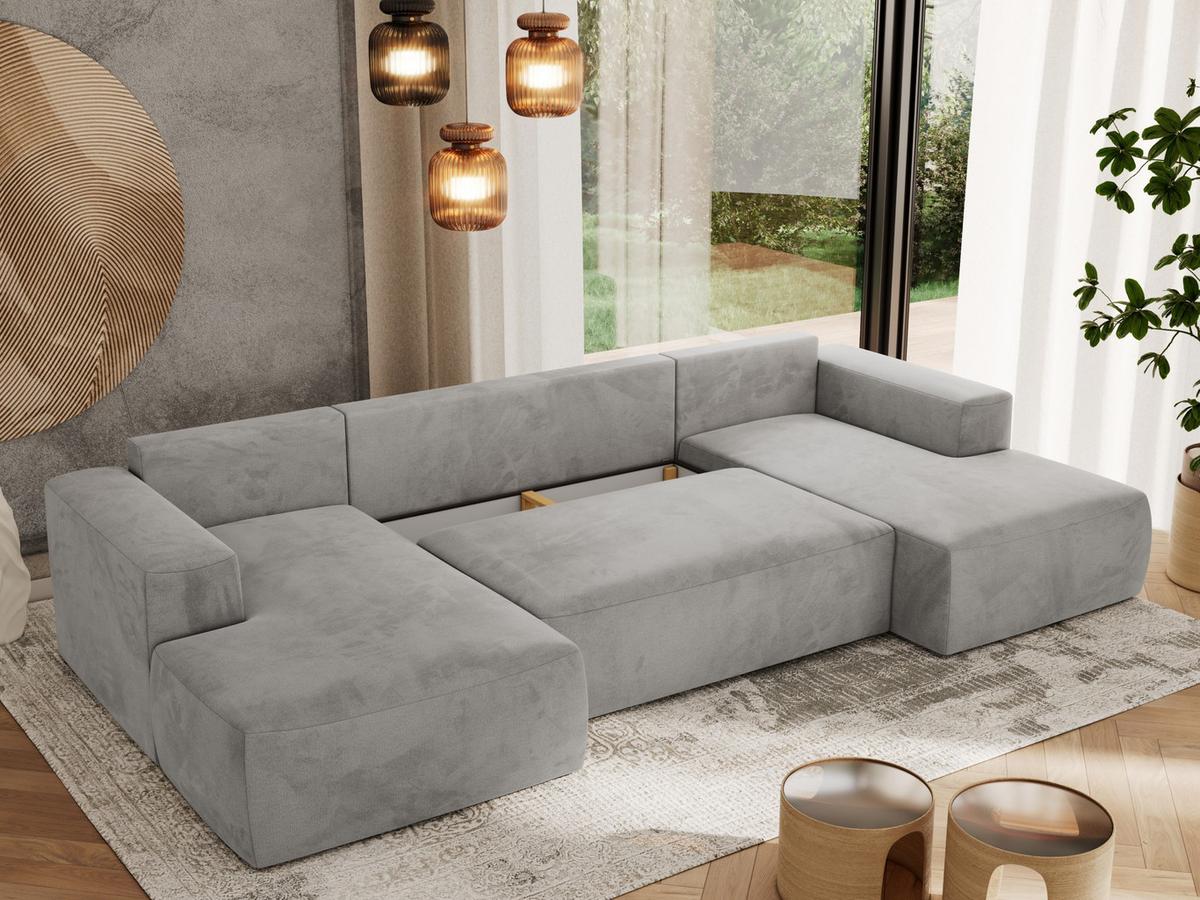 WOHNLANDSCHAFT TRENTINO U Hellgrau Velvet - Hellgrau/Schwarz, Kunststoff/Textil (334/91/163cm) - MKS
